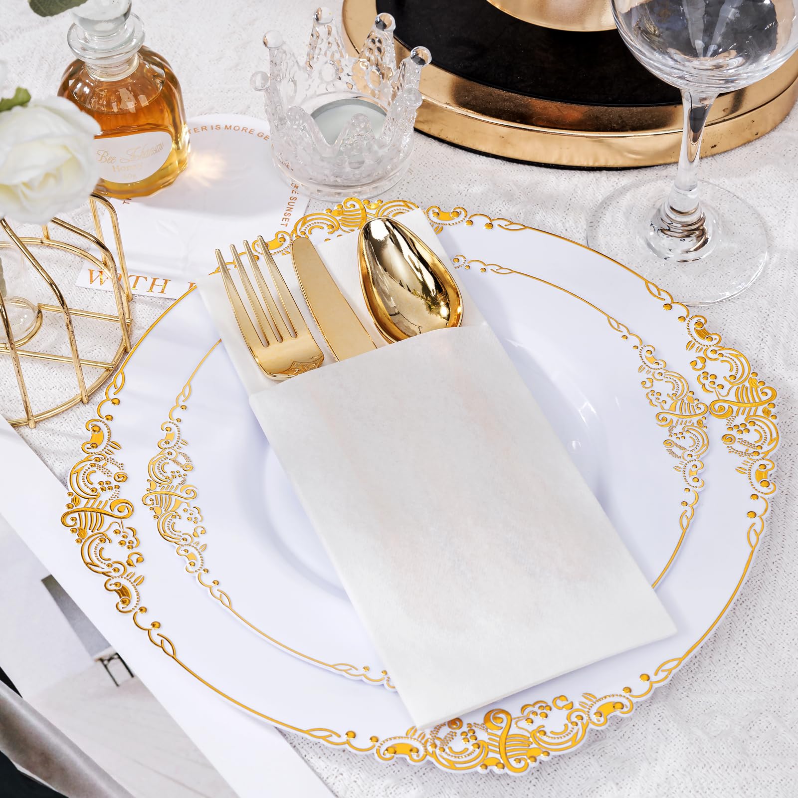 200 servilletas de papel blanco con bolsillo integrado para cubiertos, servilletas desechables preplegadas similares a la tela, servilletas de cena resistentes con tacto de lino para fiestas,