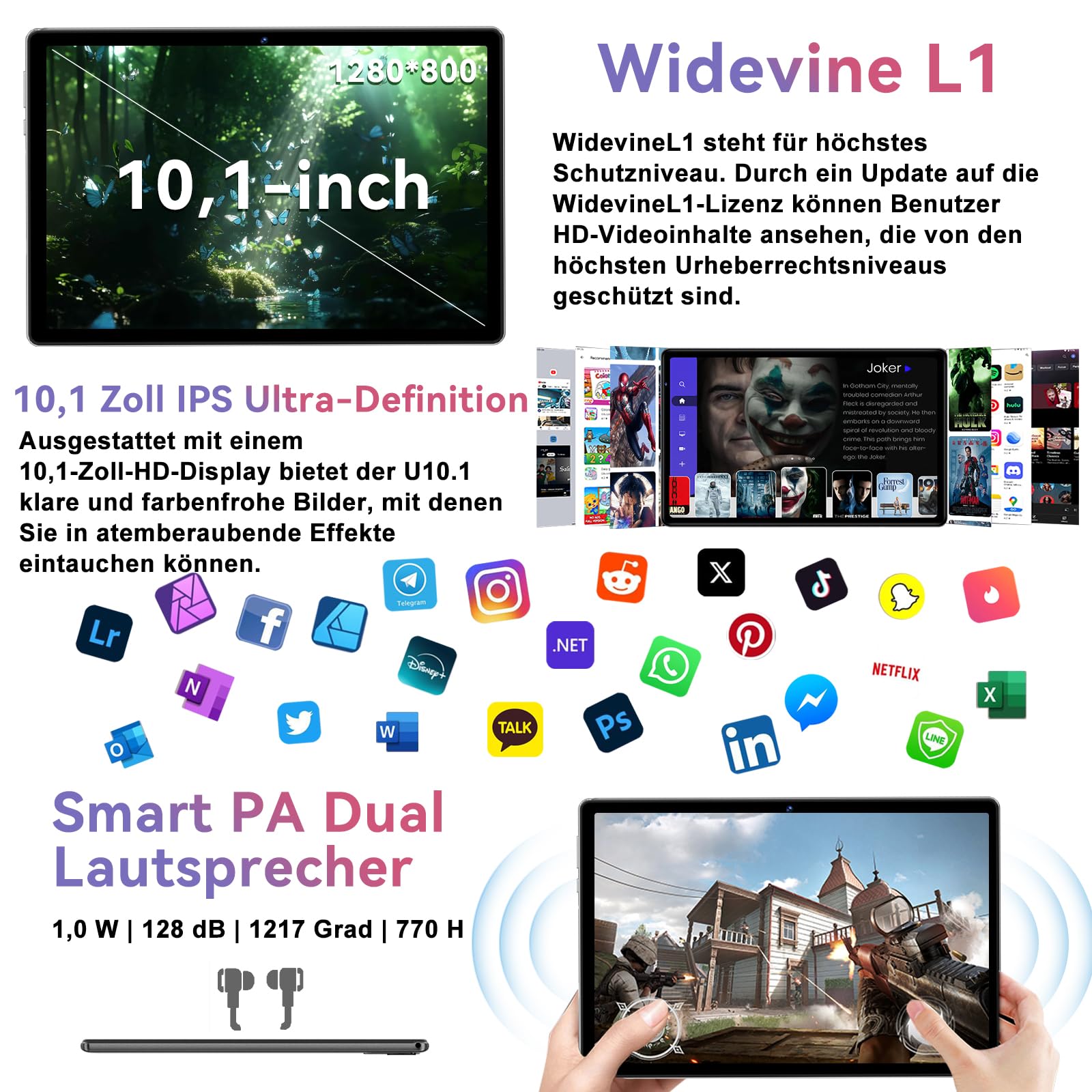 fezawio Android 15 Tablet 10 Zoll Gemini AI, Tablet PC Octa-Core, 30 GB RAM + 64 GB ROM (1TB TF), 3.5mm Audio/GMS/WiFi 6 & BT 5.0 / 6000mAh / GPS/Widevine L1, Maus, Tastatur, Lederhülle,schwarz