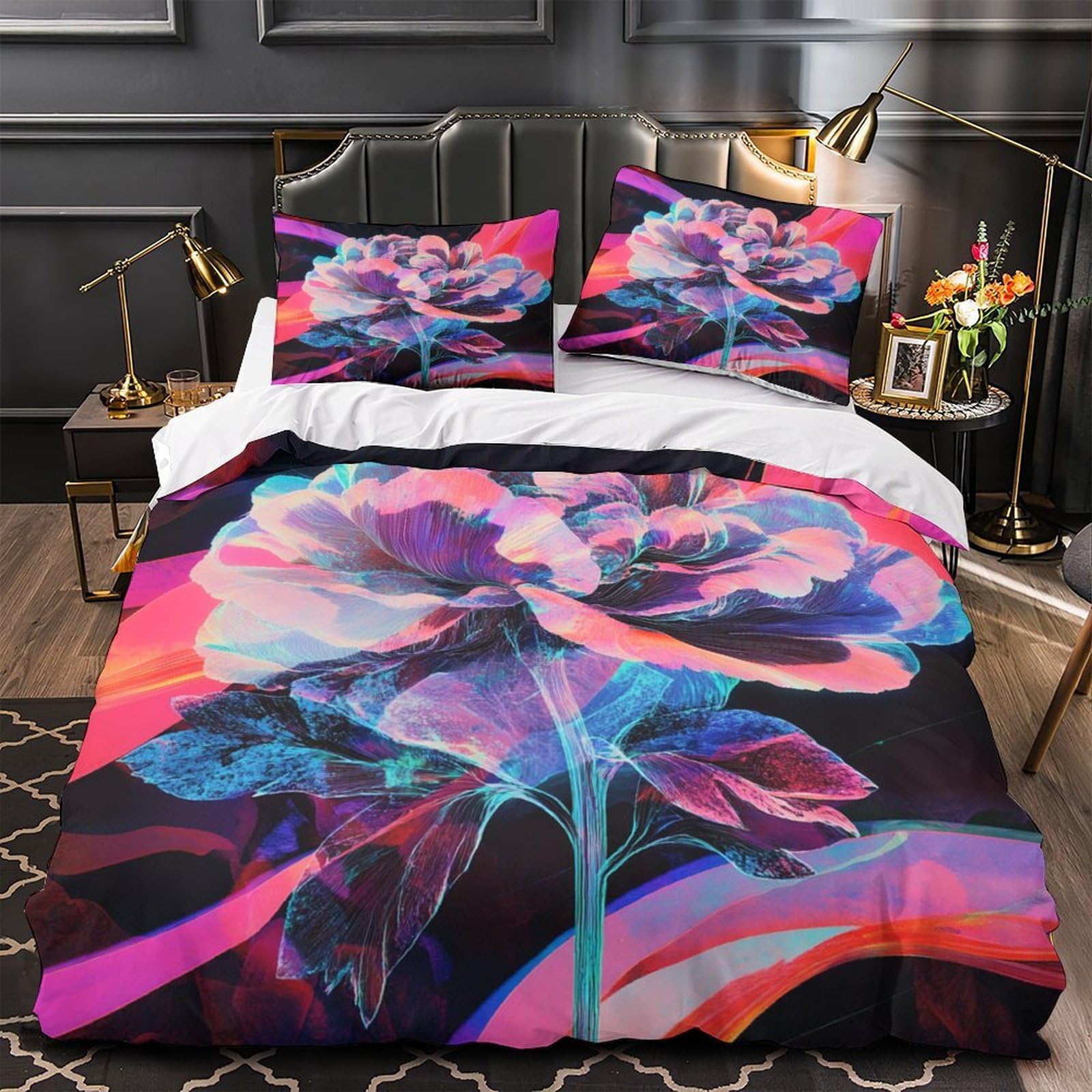 Housse de couette fleur néon 3D anti-plis et parure de lit résistante enfants