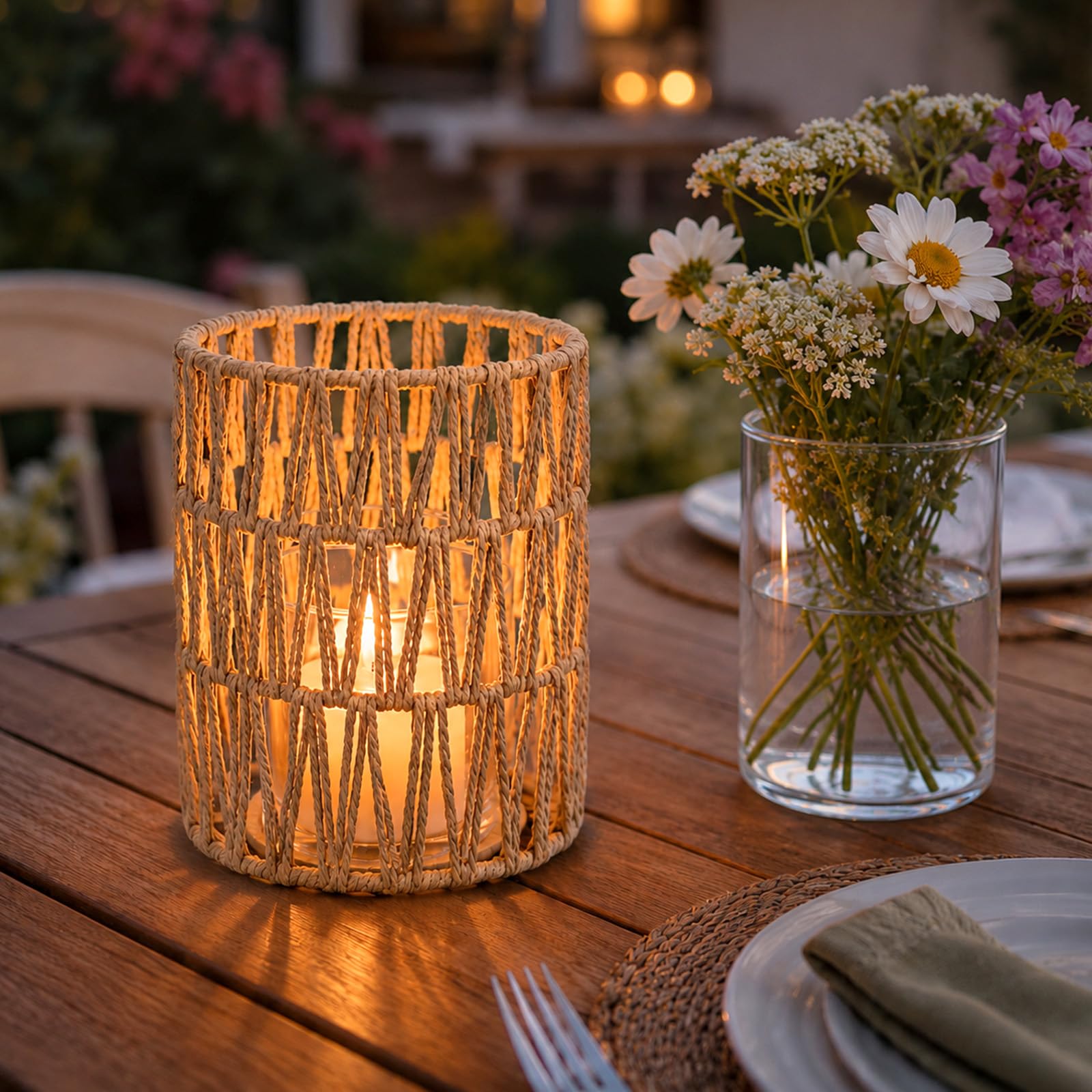Boho Windlicht Tischdeko,Rattan Lanterns Kerzenständer,2-in-1 Kerzenhalter mit Glaszylinder Landhaus Boho Deko Outdoor für Wohnzimmer Schlafzimmer Hochzeit Balkon Gartenparty
