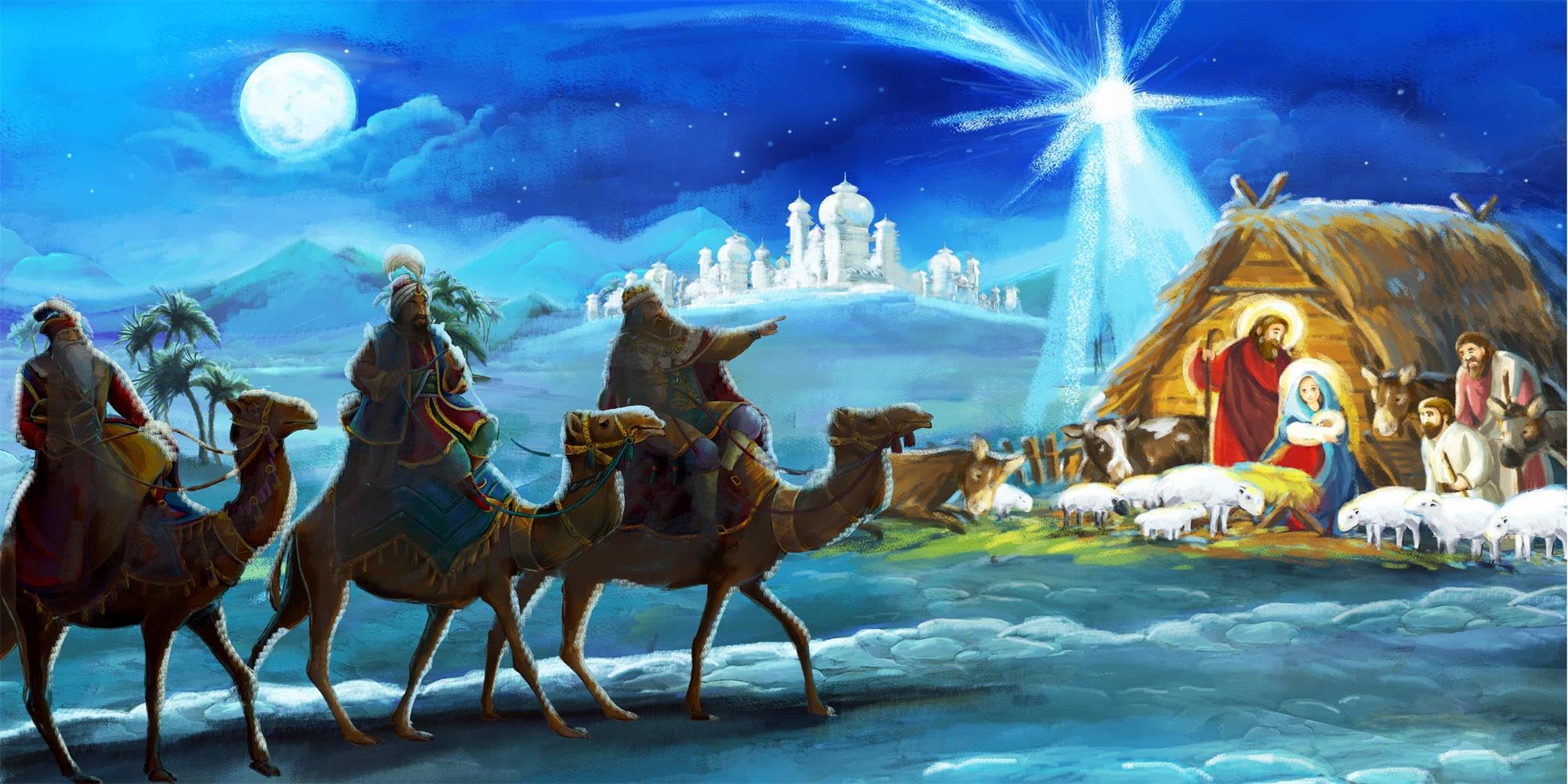 7x5ft Nativity Scene Backdrop Christmas Night Starlight Holy Family and Three Kings Desert Manger Birth of Jesus Backdrop