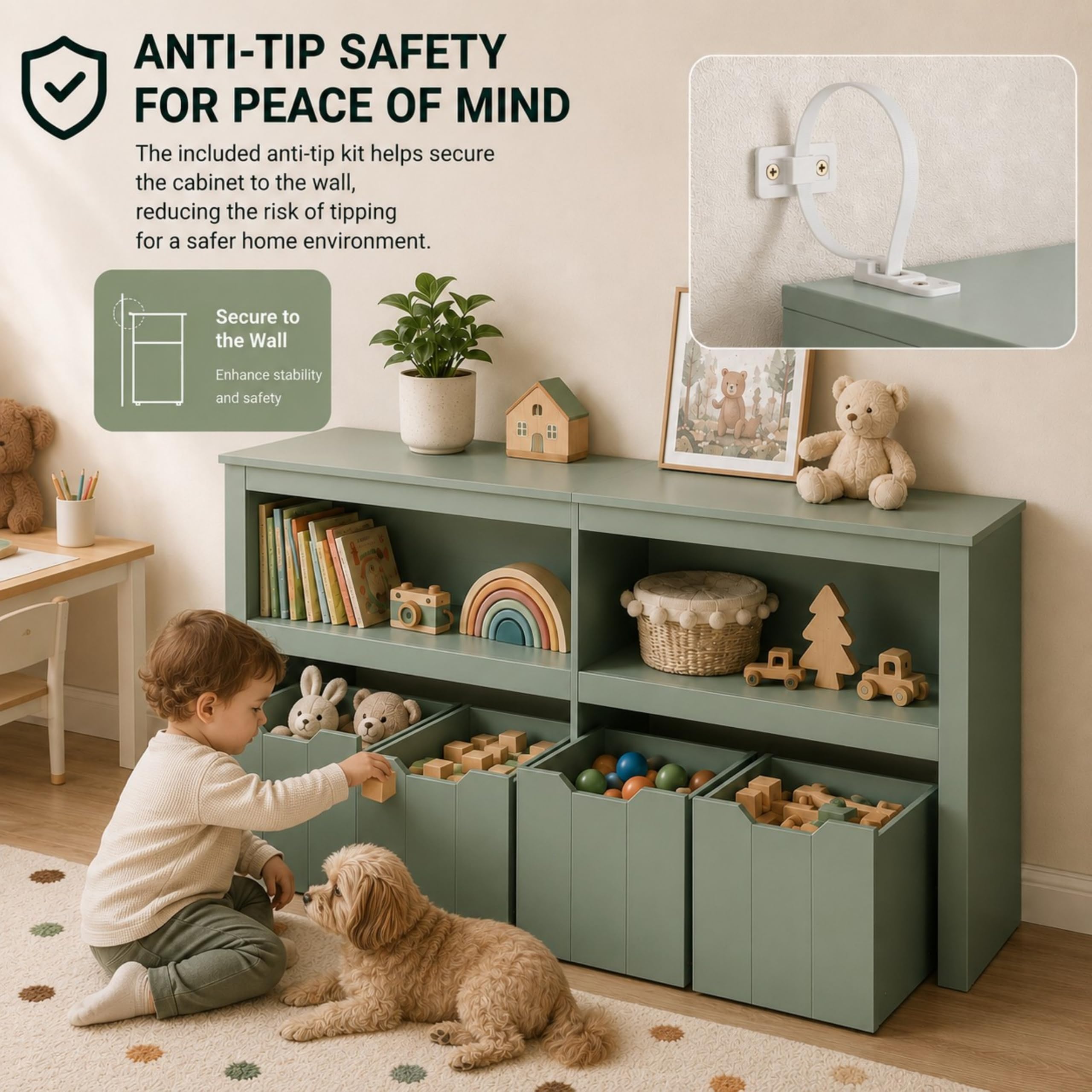Scaffale per giocattoli con 4 scatole estraibili, set da 2 pezzi, scaffale per bambini con 2 scomparti aperti e protezione antiribaltamento, contenitore per giocattoli in MDF per la cameretta