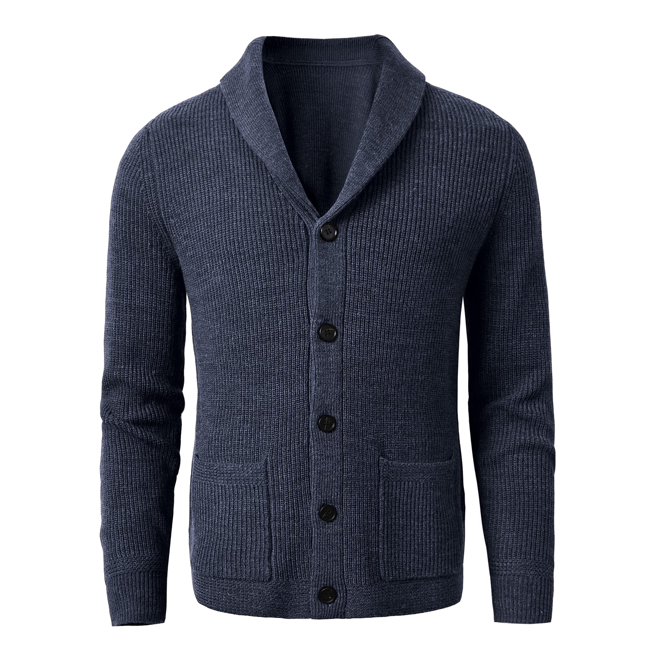 zhili Men's Shawl Collar Cardigan Sweater Slim Fit Cable Knit Button up Dark Grey Merino Wool Sweater-picture-17