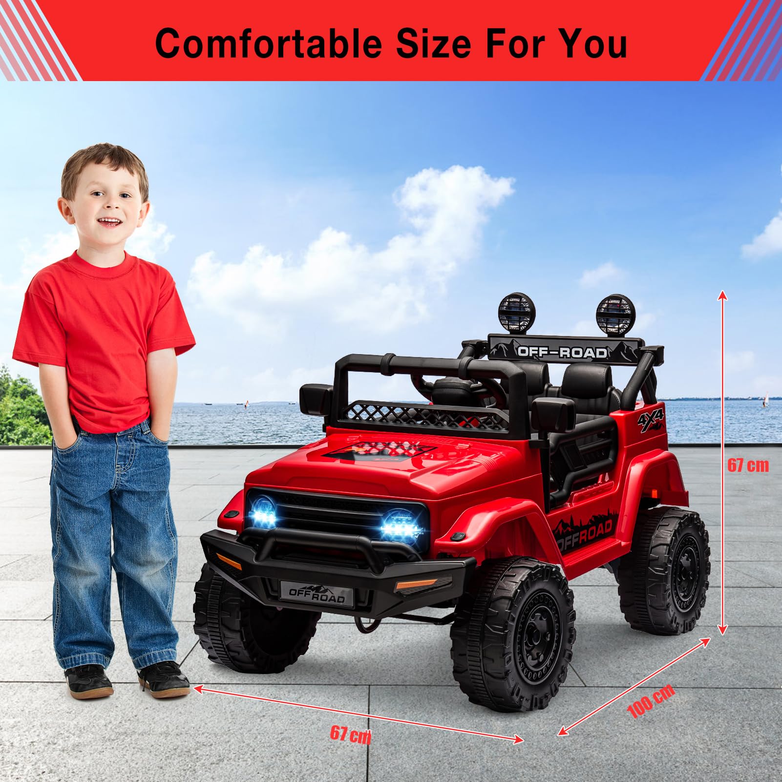 Garvee 12V Voiture Électrique pour Enfants, Véhicule Électrique Enfant avec Suspension à Ressort, Télécommande, LED, 3 Vitesses pour Enfants 3+ Ans (Rouge)