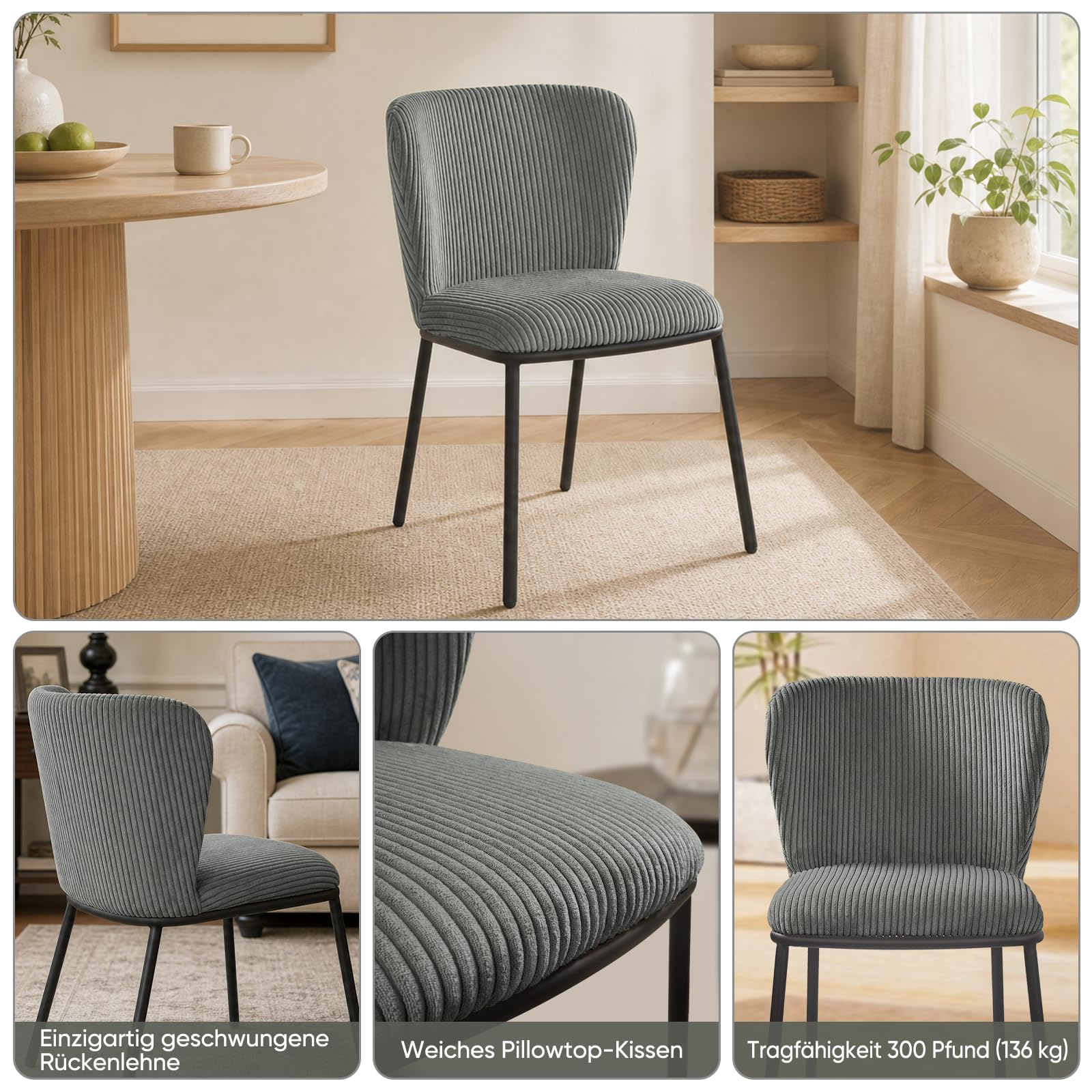 Esszimmerstühle 2er Set, Esstischstühle mit Cordbezug und Metallbeinen, ergonomische Küchenstühle armlehnlos für Esszimmer & Küche, Bequeme Stühle mit Schaumstoffpolsterung-Grau