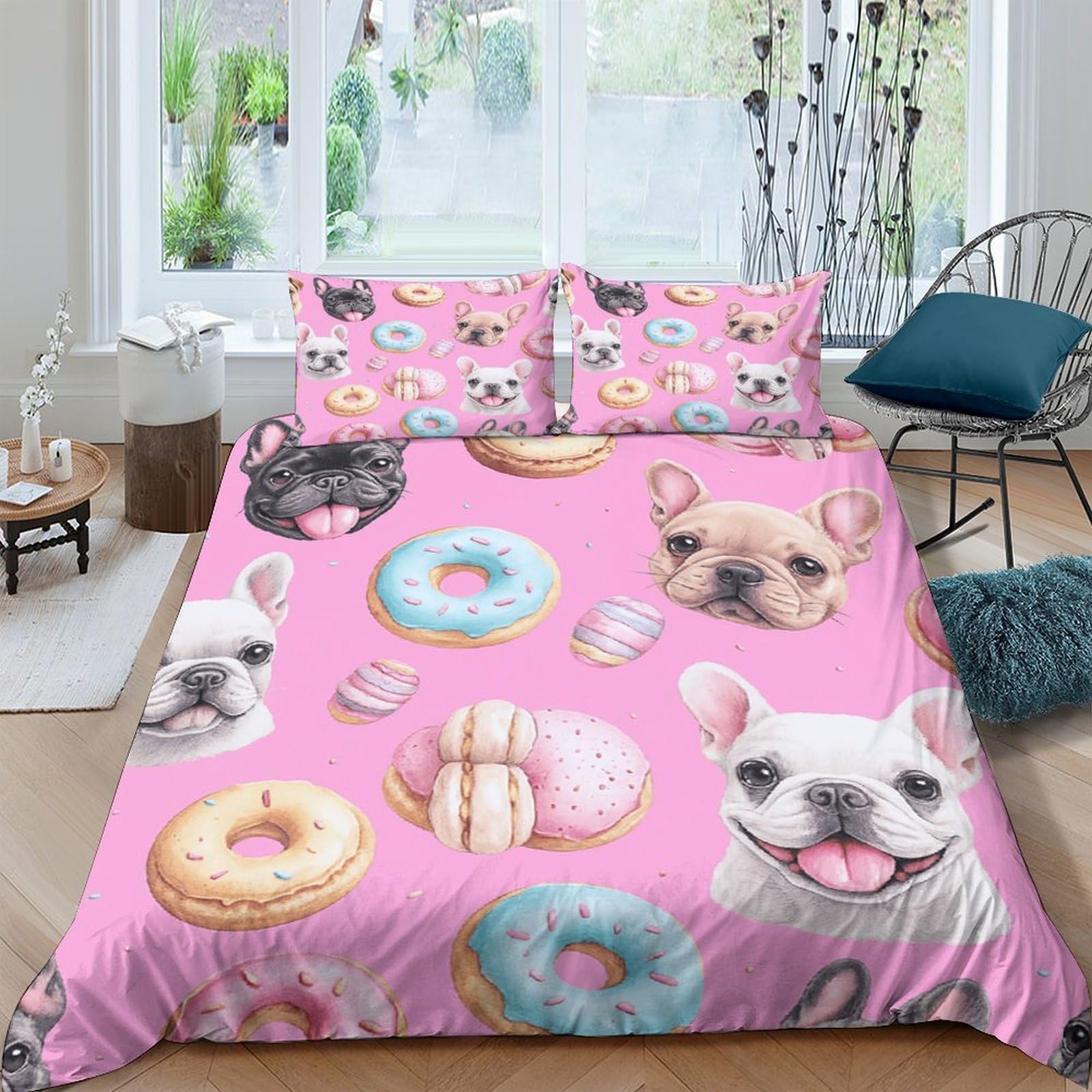 Ctjqhvkz Style-7 3D Printed Pink Donut French Bulldog Fitted Sheet Microfiber Soft Bed Cover For Bedroom Guest Room Mattress Protection Single（135X200cm）