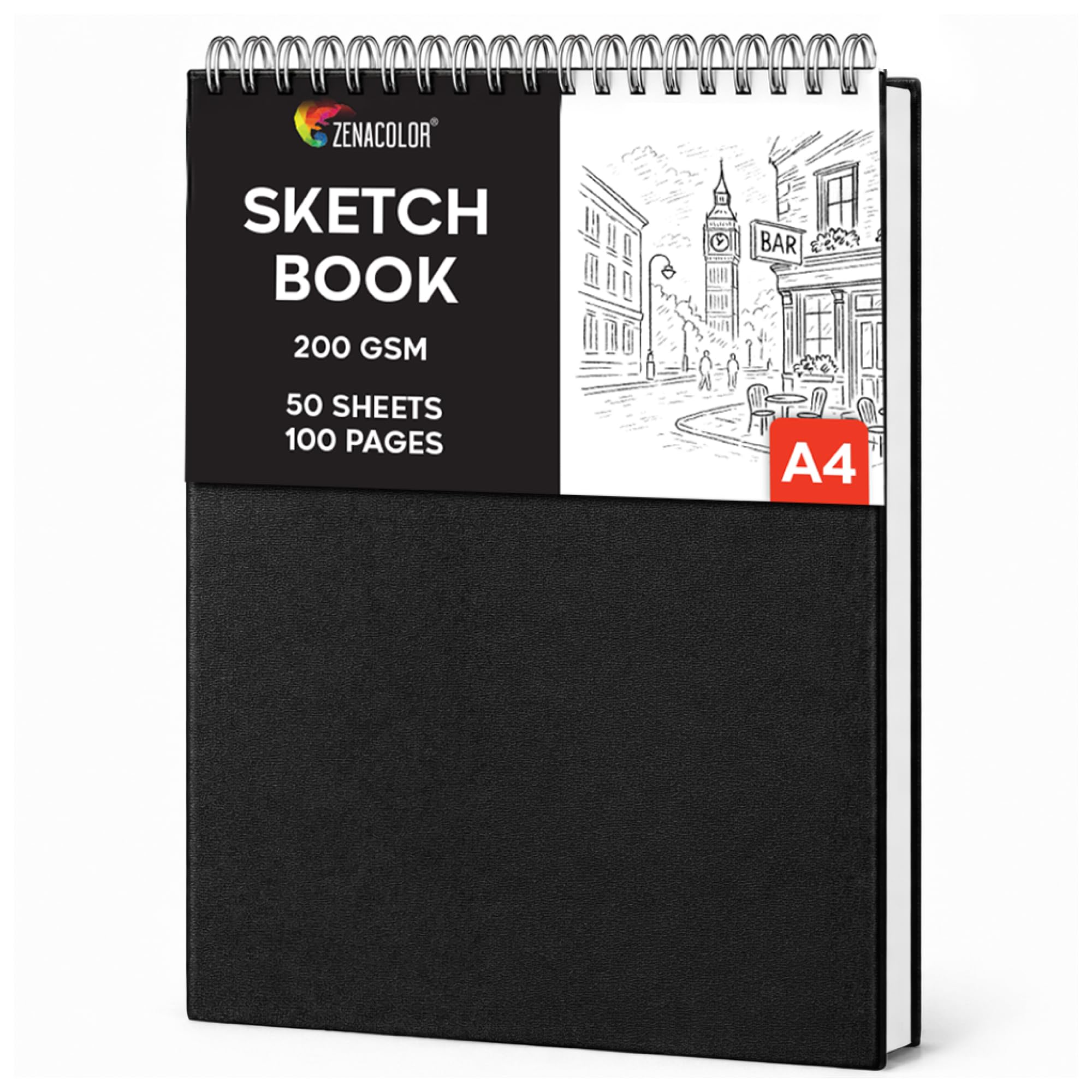 Zenacolor Top Spiral Sketch Book A4 - Hardcover, Spiral Bound & 200Gsm Thick Paper Art Book - Drawing Pad For Artist: Sketching, Portraits - 50 Sheets/100 Pages