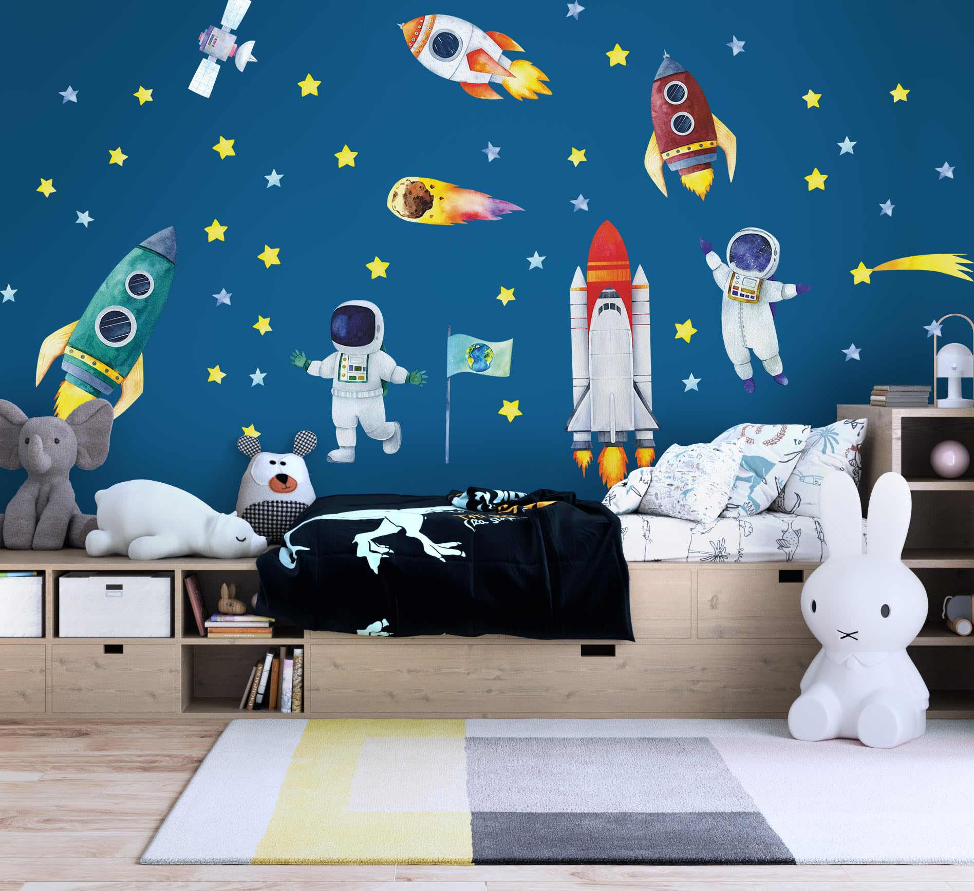 Adesivo da parete ad acquerello, spaziale, razzi, cosmonauti, peeling e incollaggio, spazi, camera da letto, sala giochi (XXL)