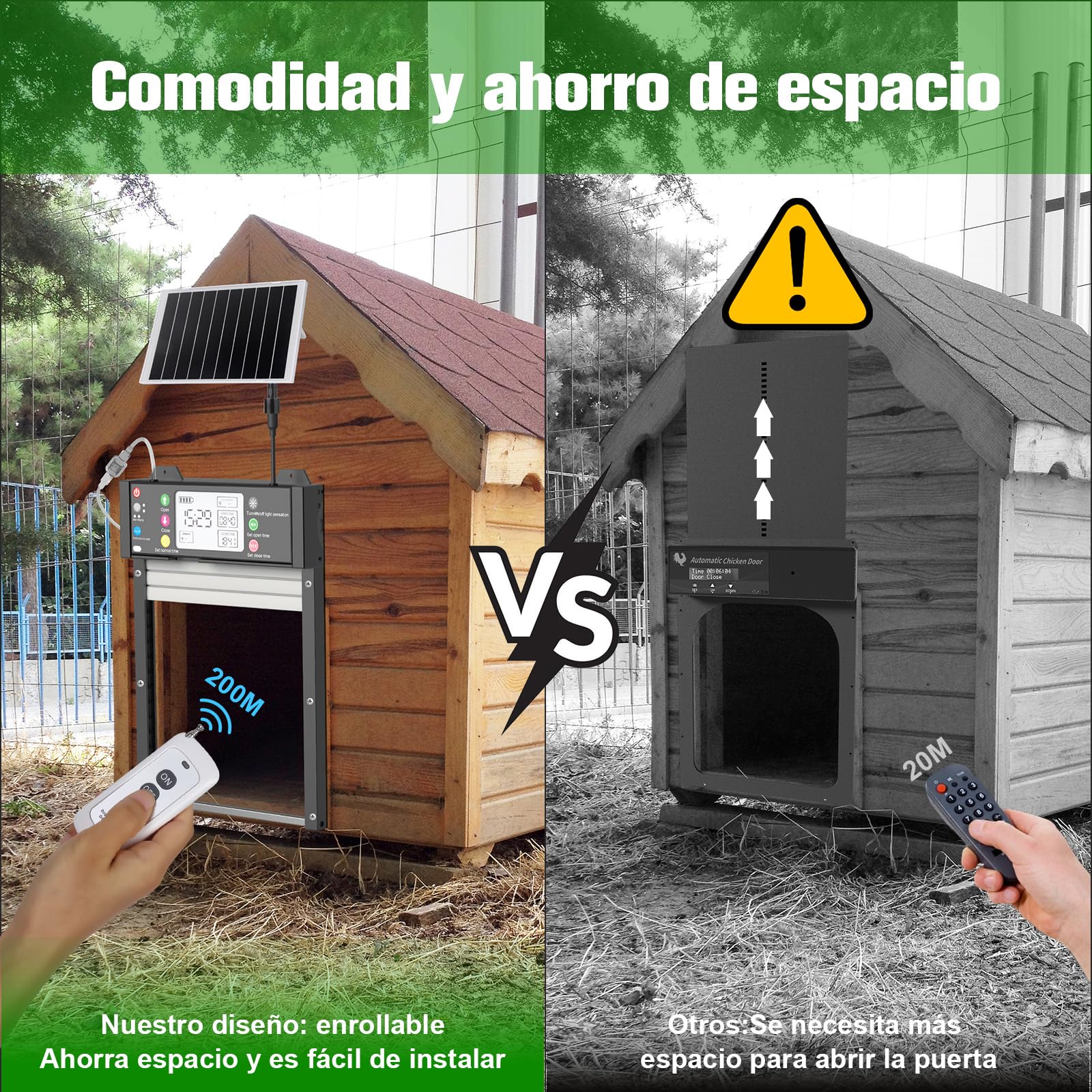 Puerta Automática para Gallinero Control de Aplicación, Pantalla LCD, Control mediante Aplicación, Control Remoto, Sensor de Luz, Temporizador y Manual, Carga Solar y USB, Antipinzamiento, Impermeable