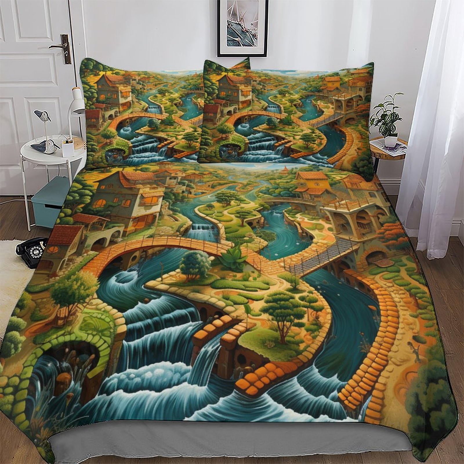 Housse de couette 220x240 motif paradis avec taie d'oreiller en coton microfibre zippée