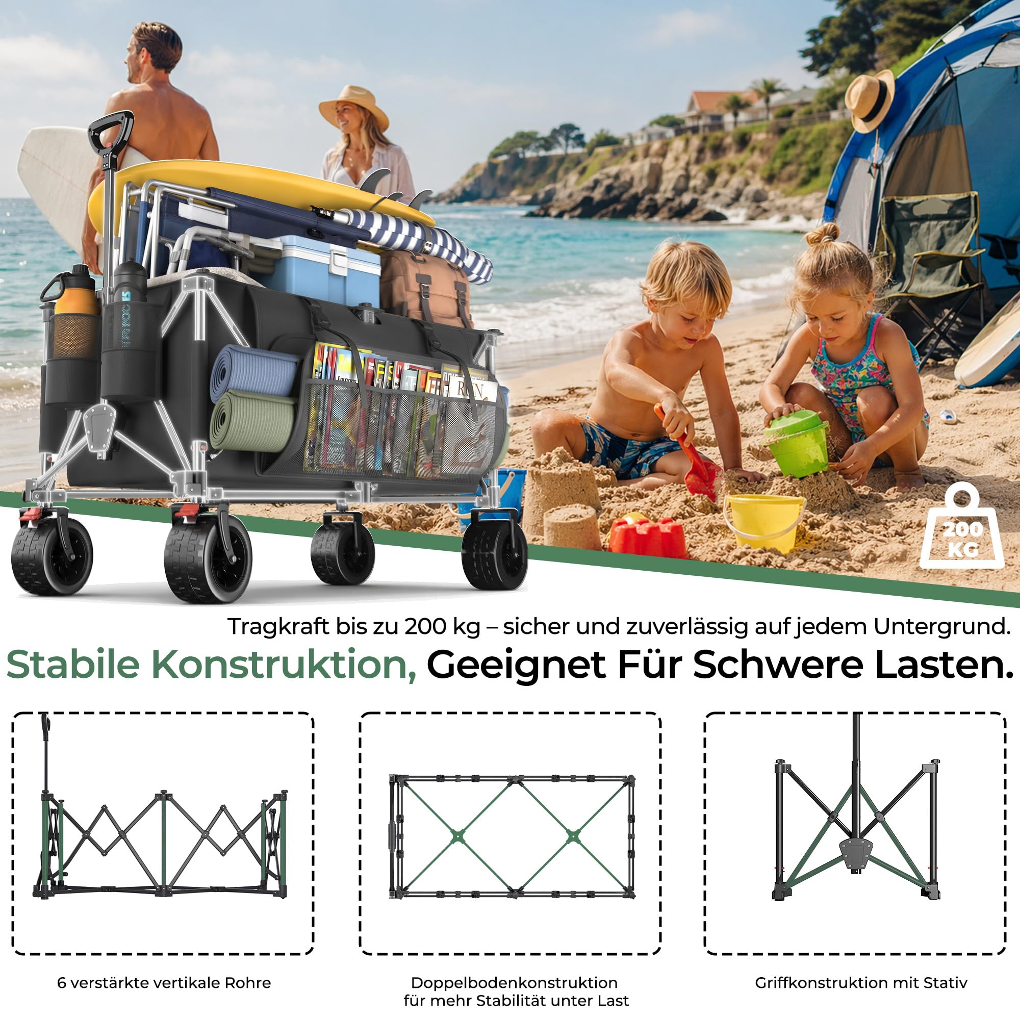 JUMMICO XXXL Faltbarer Bollerwagen 260L 200KG Tragkraft, Kapazität 17cm Ballonreifen Doppelte Feststellbremse Strand Einkauf Fest Camping Transportwagen, Grau