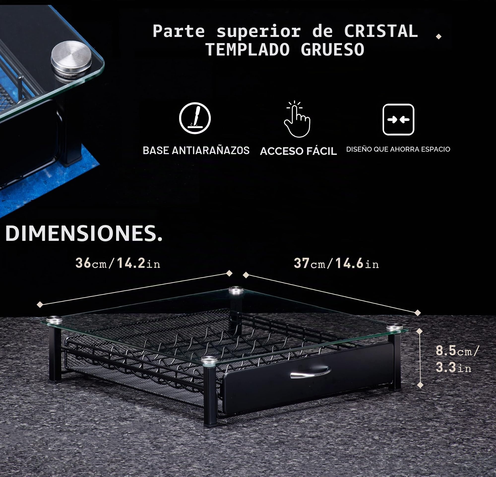 Peak Coffee - Bandeja corredera de almacenamiento para cápsulas Nespresso Vertuo, 45 cápsulas – Estructura de cristal y metal negro para cápsulas de café Nespresso Vertuo – 36 x 37 x 8,5 cm