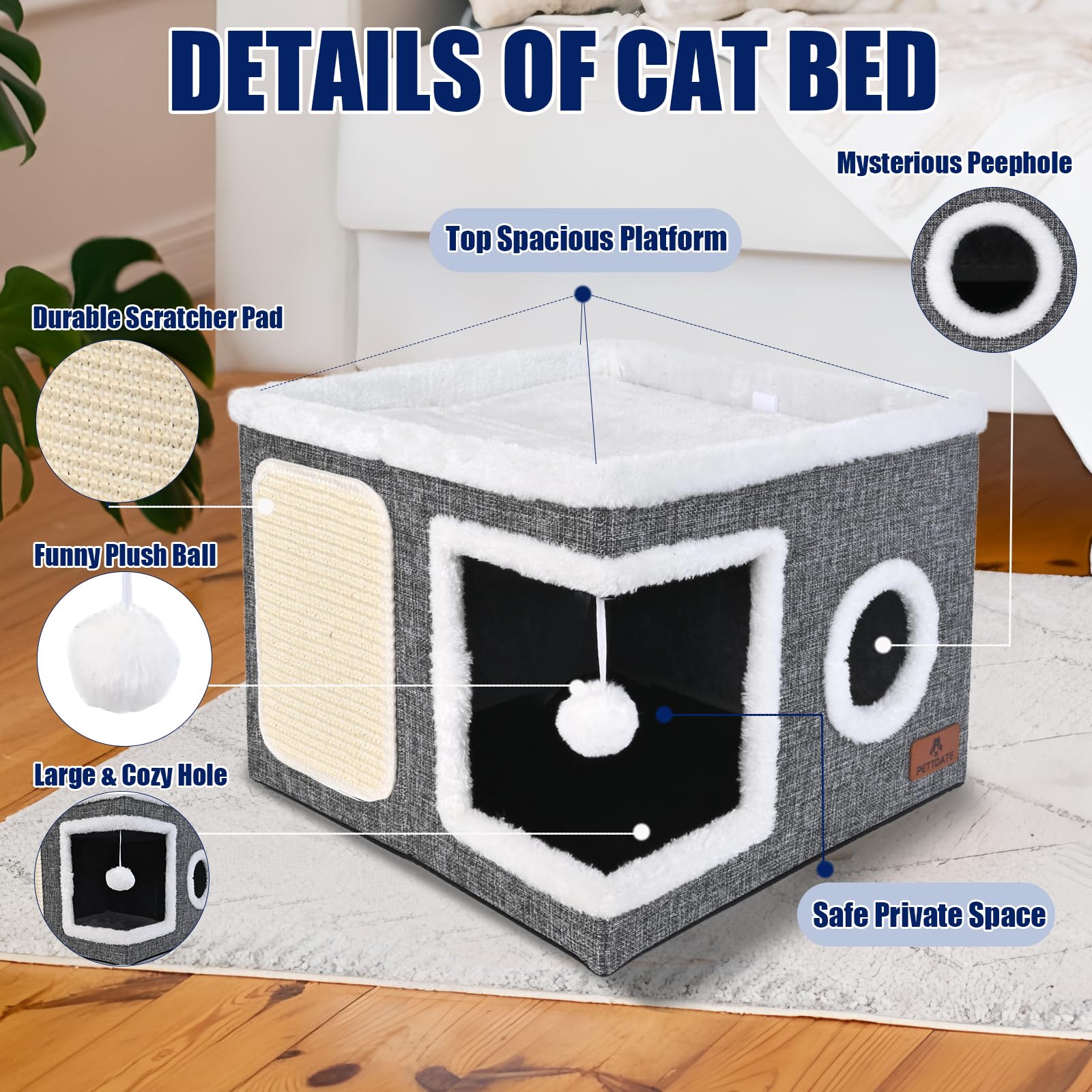 Cat House for Indoor Cats Large Cat Cave Bed with Scratch Pad and Fluffy Ball, Foldable Cat Hideaway - Image 4