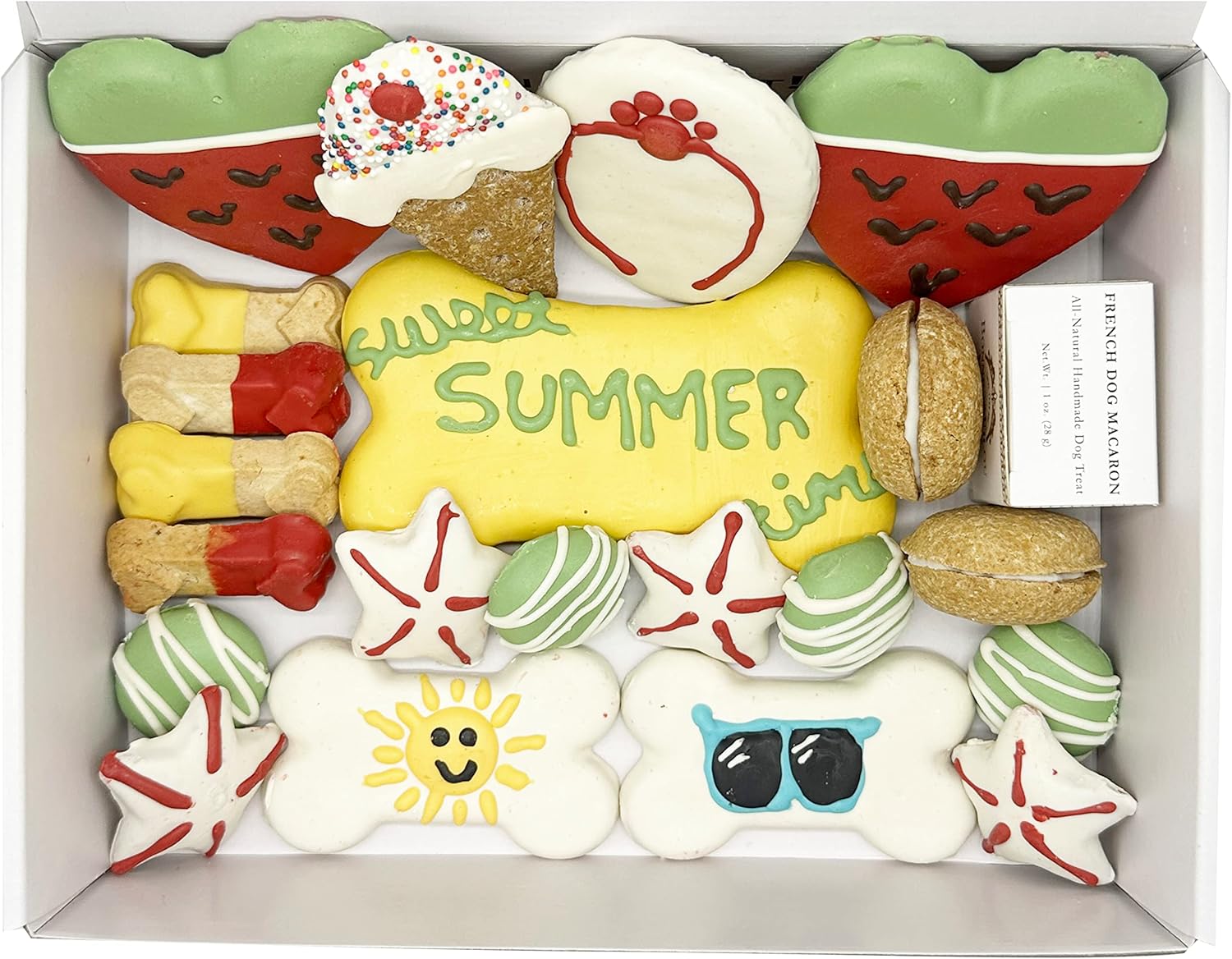 Bonne et Filou Dog Summer Treats Human Grade Gourmet Treats Gift Box 21 Luxury Snacks with Dog Macarons, Truffles & Bone Cookies Healthy Snacks for Small to Large Breeds