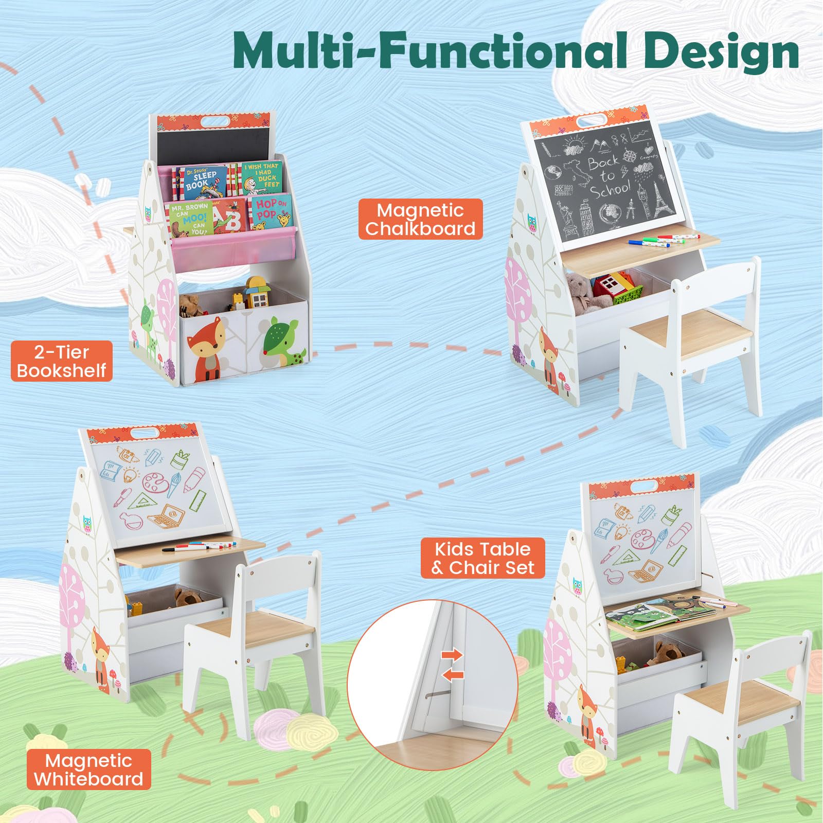 LIFEZEAL Tavolino Bambini con Sedie, Tavolino con Libreria, Lavagna Doppio Faccia e Contenitore Pieghevole per Giochi, Tavolo Multiattivita e Sedia per Cameretta, Tavolo per Bimbi 3-6 Anni (bianco)