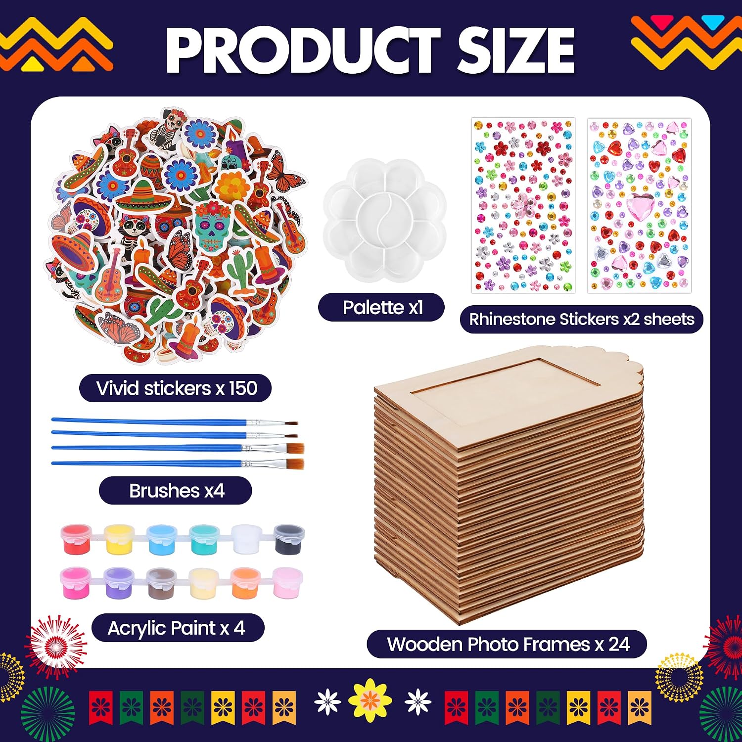 Fovths 24 Packs Dia De Los Muertos Picture Frame Painting Craft Kit with Stickers Wooden Day of the Dead Altar Decorations Remembrance Supplies Sugar Skull Marigold Ofrenda Decorations