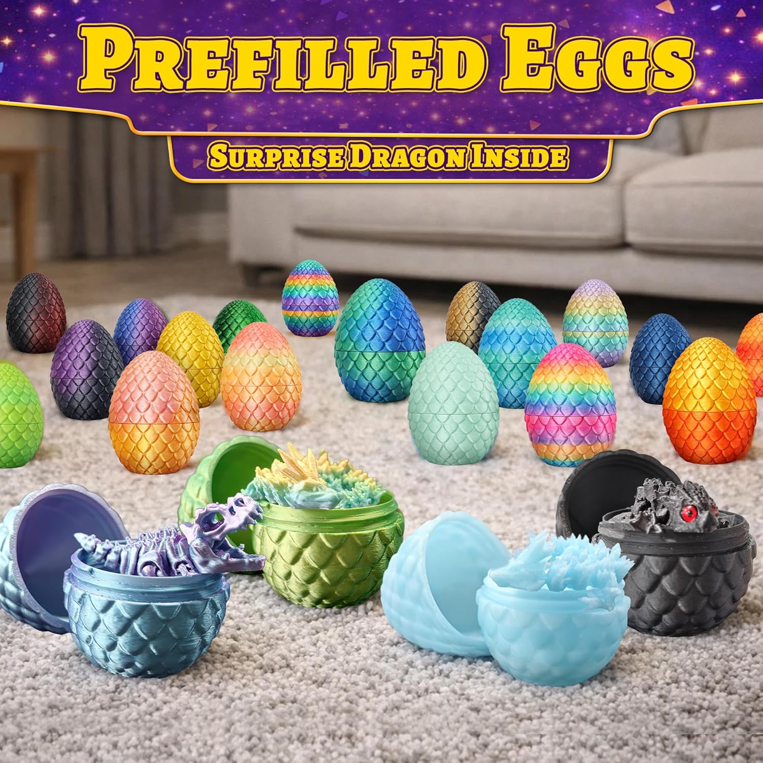 TAHAVICE 24 Pack 3D Printed Dragons Eggs with Dragon Inside, Articulated Desk Decor Display Set with Mini Animal Collectible Figures, Classroom Prizes & Birthday Gifts