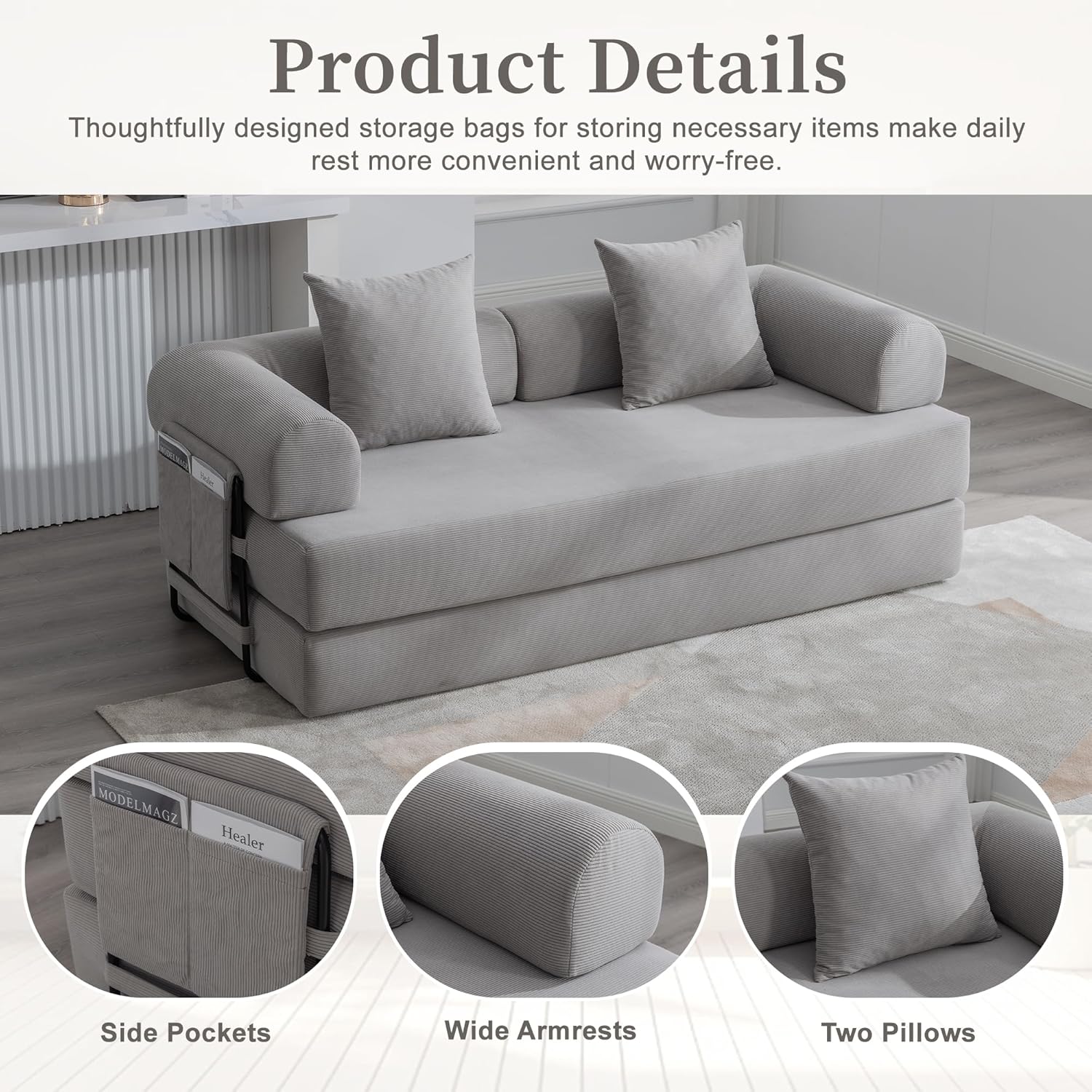 Convertible Sleeper Sofa Bed, 78.5" Folding Floor Sofa Mattress Couch with Pillows, Corduroy Futon Boneless Couch Lounge Loveseat with Pull Out Bed, Light Gray