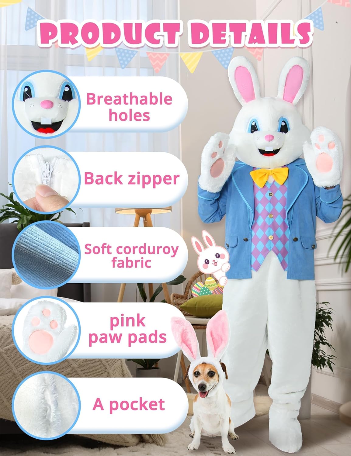 Easter Bunny Costume Adult Rabbit Mascot Suit 5PCS Deluxe Plus Size Bunnies Onesie Outfit Jumpsuit for Men Women Set