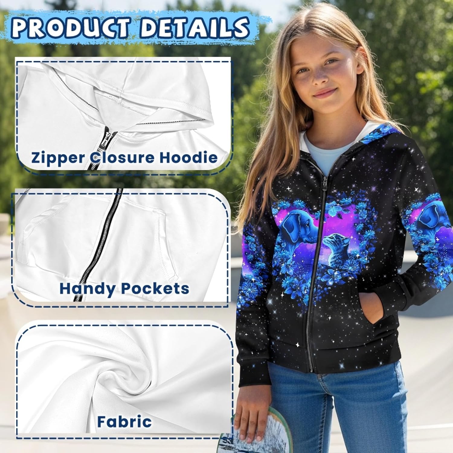 AmzPrint Oversized Girls Zipper Hoodie Long Sleeve Holiday Pullover Back To School Hoodies For Toddler Girls