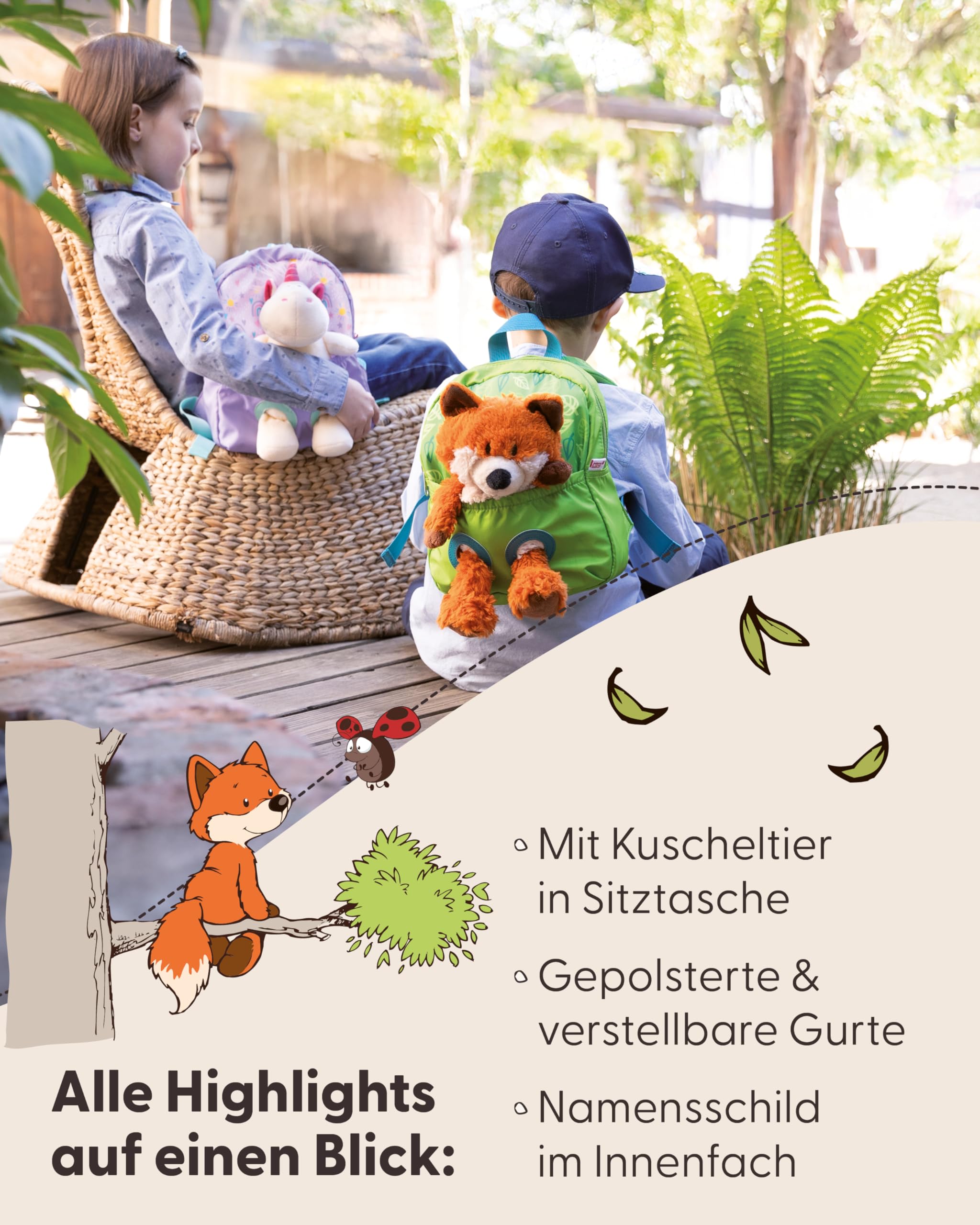 NICI Rucksack mit Plüschtier 21x26cm Fuchs 25cm - grün - Abnehmbarer Pluschspielzeug Weich Flauschig- Kindergartenrucksack mit Kuscheltier für 2-5 Jährige Jungen und Mädchen - 62692