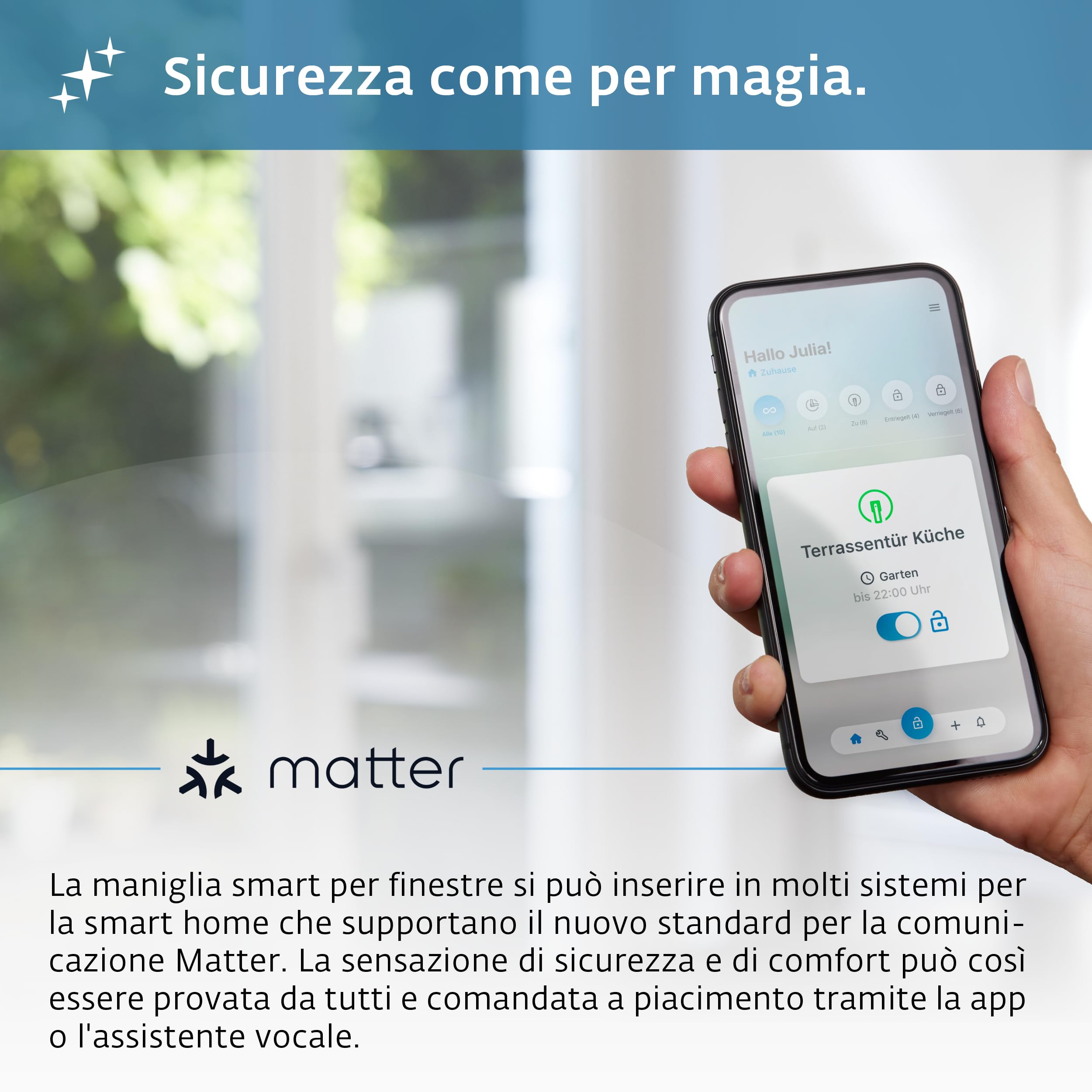 Maniglia smart per finestre SIEGENIA 2° gen. bianco - Compatibile con Matter per l'inserimento nelle reti della smart home con sorveglianza dello stato, blocco centralizzati tramite accesso remoto