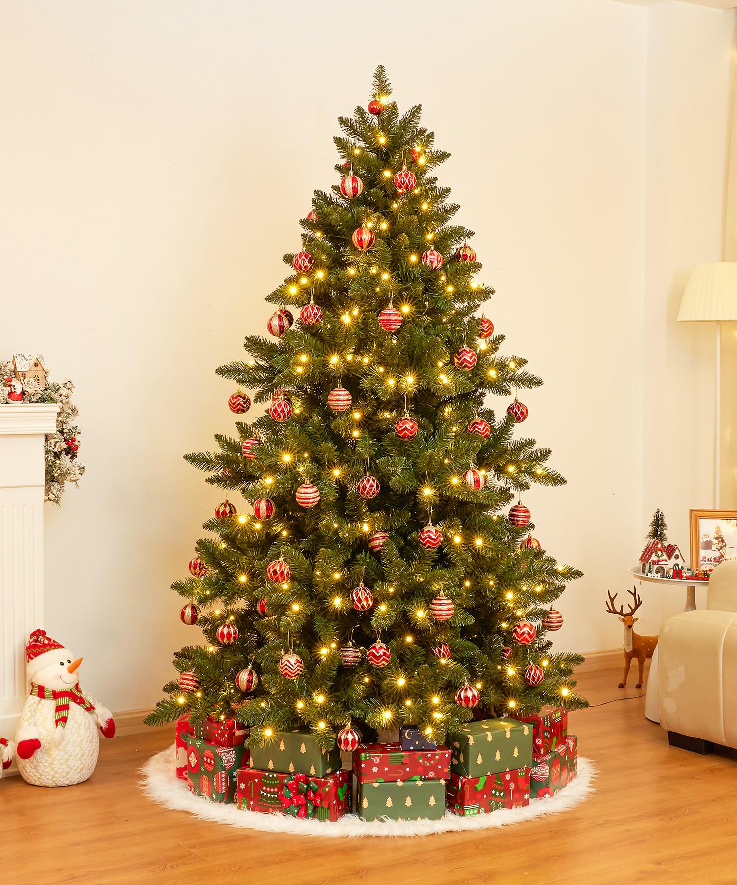 Yorbay Árbol de Navidad Artificial con iluminación LED: PVC Artificial con Soporte de Madera para decoración navideña, Ideal para Ambiente Festivo (210 cm)