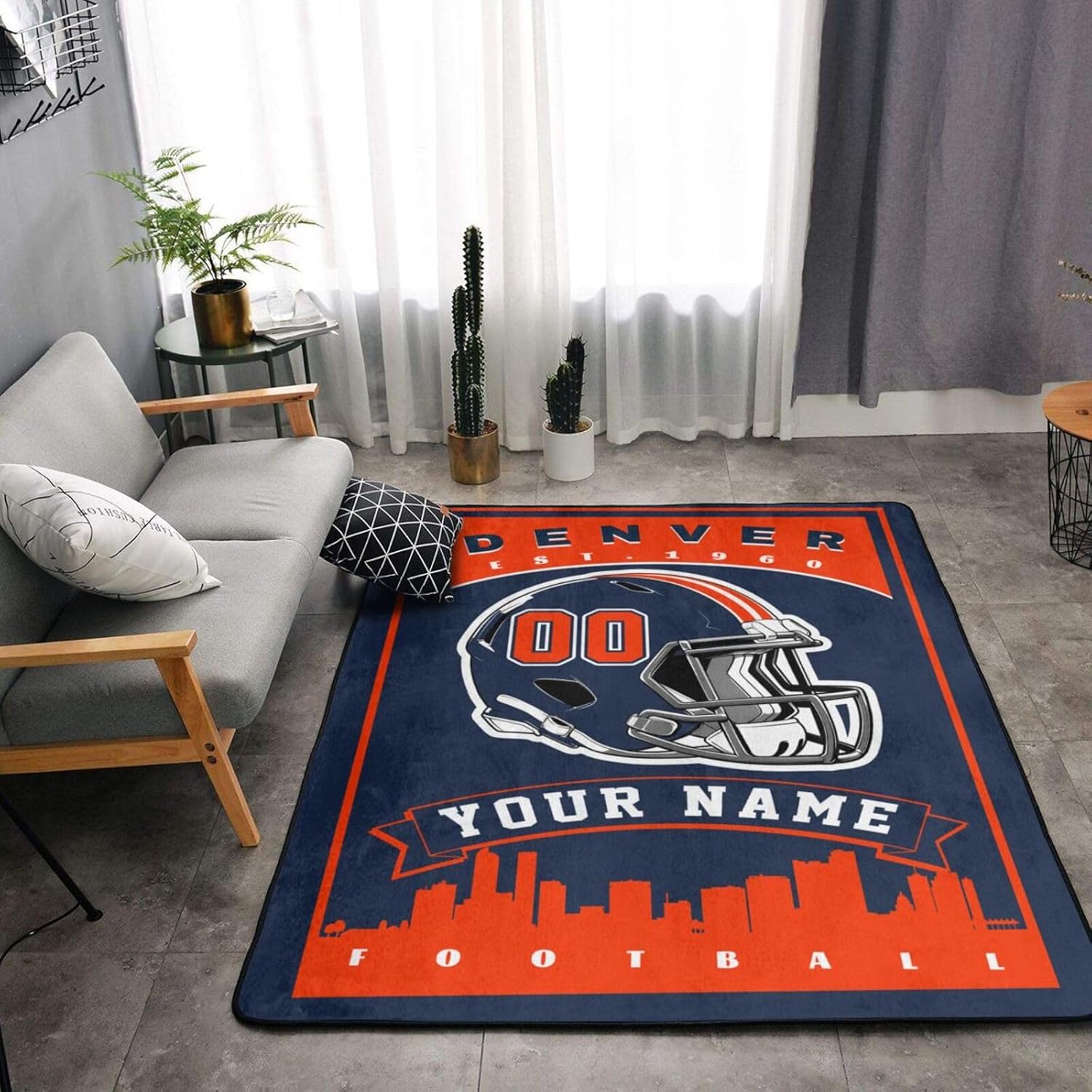 Custom Football Rug, Personalized Denver Area Carpet with Name Number, Customized Sports Rugs Gifts for Fans Living Room Bedroom Bathroom Kitchen Office Garden Balcony Decor, Large Size