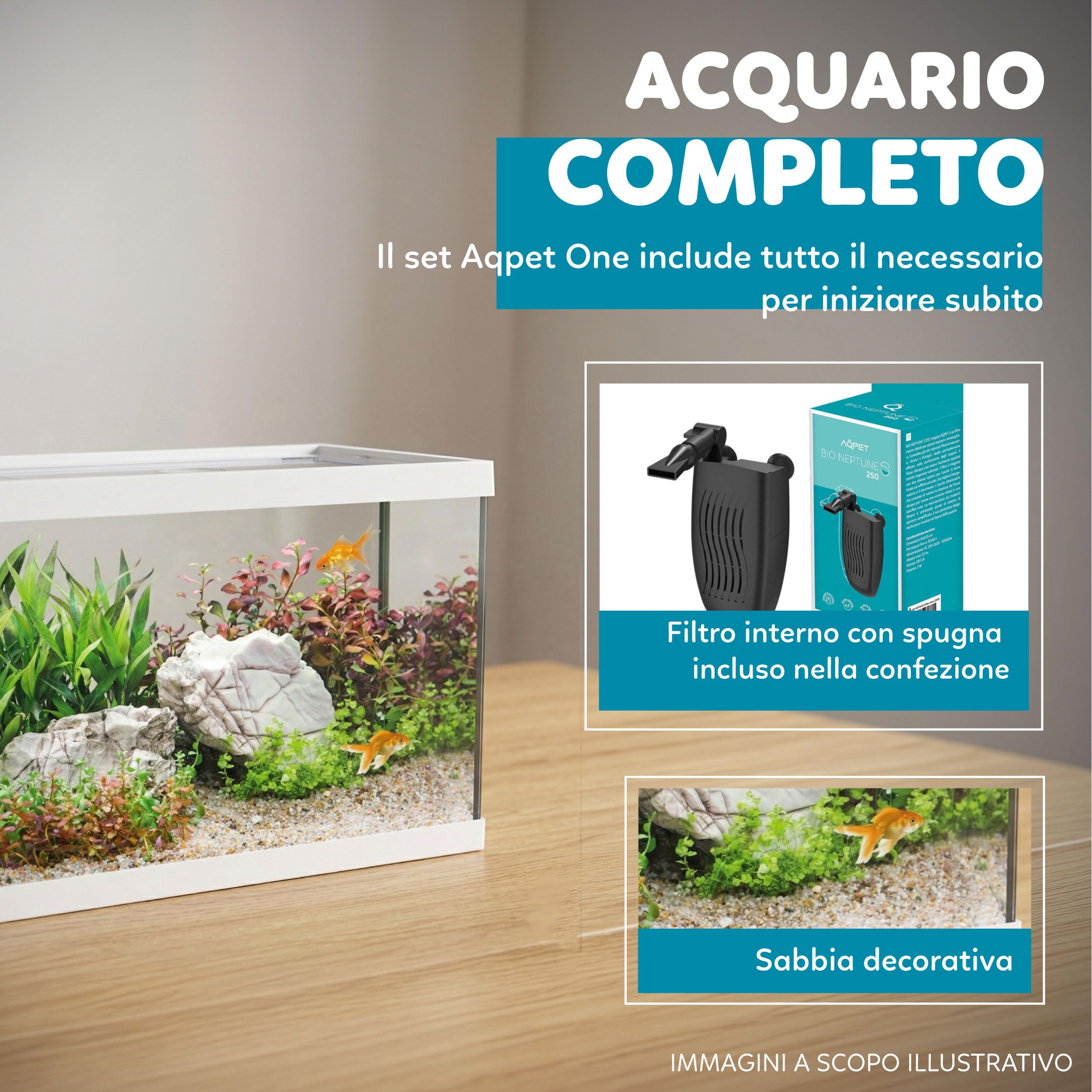 AQPET One Mini Acquario in vetro Bianco 20 litri – acquario completo con filtro interno, sabbia, pianta decorativa e sfondo – design elegante 36x22x26 cm, ideale per principianti