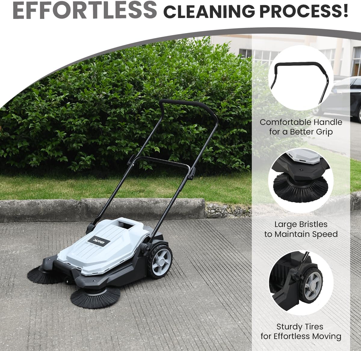 Walk-Behind Outdoor Hand Push Floor Sweeper - 5.25 Gallon Capacity - 25.5" Sweeping Width - Sweeps up to 27,900 ft/Hour, Grey