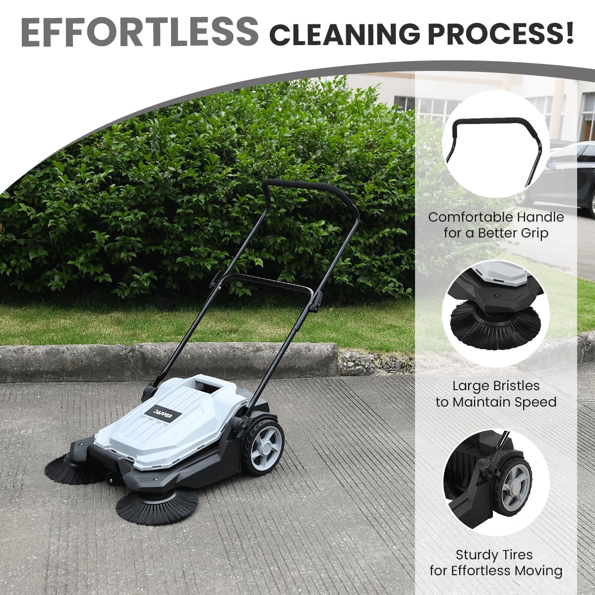 Dapper Supply Walk-Behind Outdoor Hand Push Floor Sweeper - 5.25 Gallon Capacity - 25.5