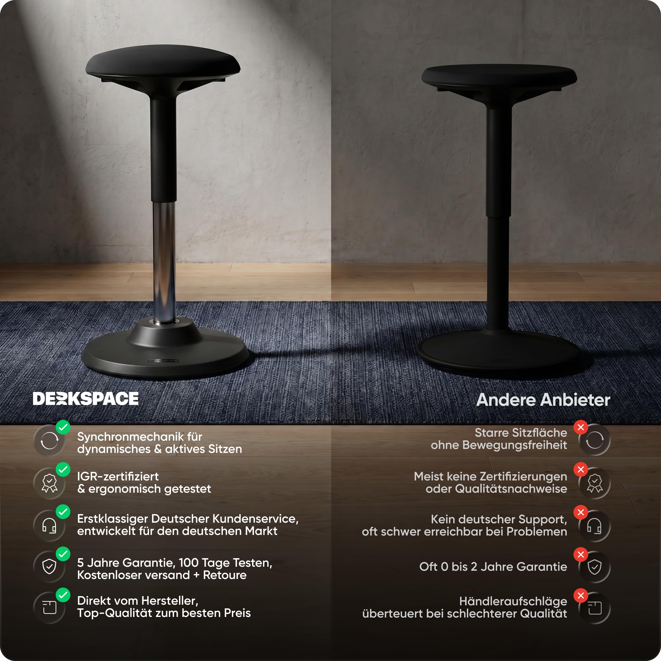 Motion Sitzhocker - Stehhocker höhenverstellbar, ergonomischer Hocker bis 140kg mit CushCloud-Polsterung, Gasfeder & 3D-Sitzmechanik, Bürohocker ergonomisch, Wackelhocker Stehstuhl (Schwarz)