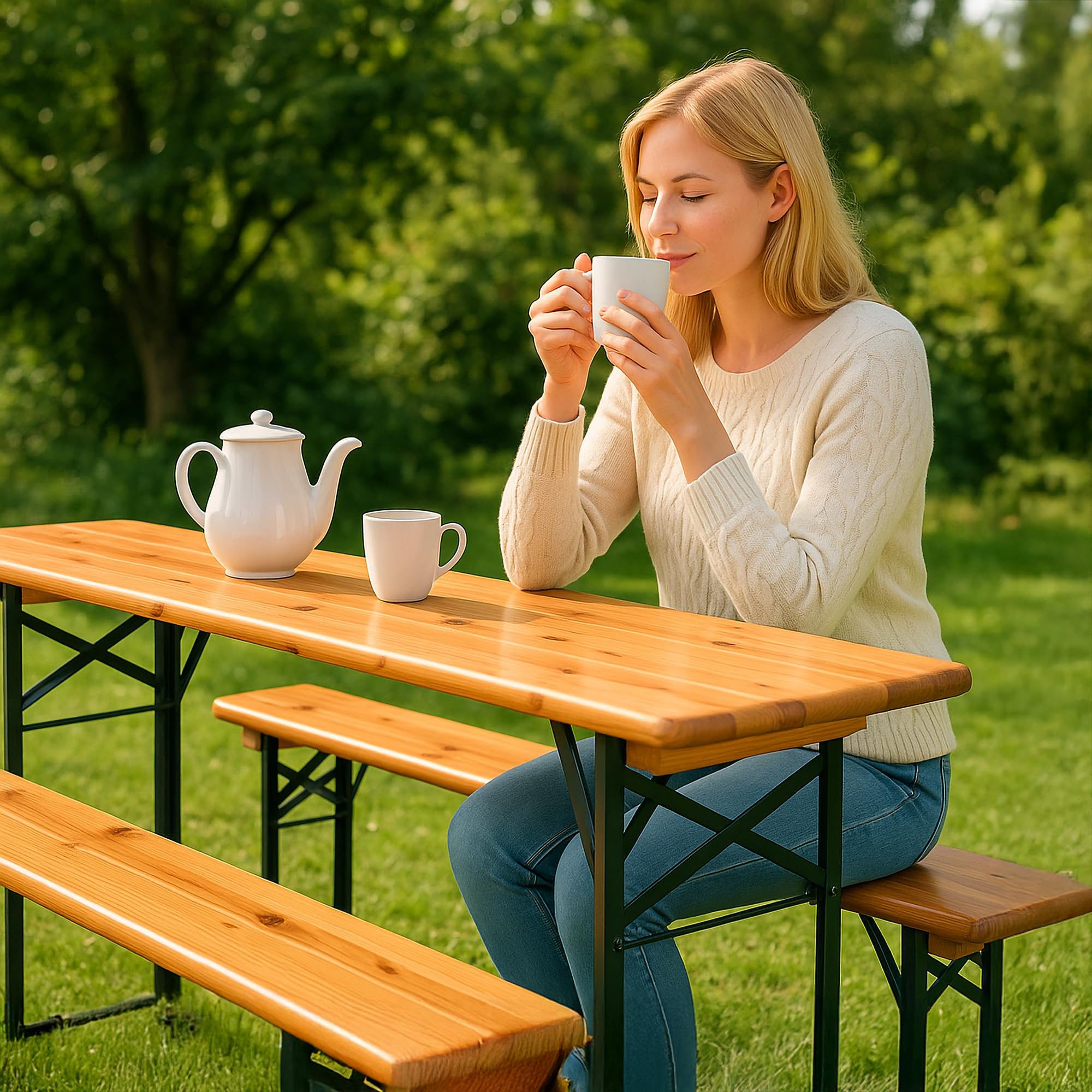 Stagecaptain BBB-180 Hirschgarten Banc De Biergarten 177 cm Naturel | Banc de bière robuste et long, Charnières métalliques solides, faciles à ouvrir/fermer, Surface laquée, Dessous non traité