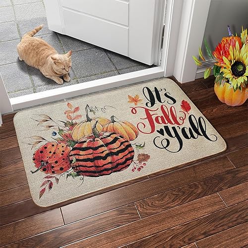 Miniatura 5 de Voanos Tapete de puerta con diseño de otoño con diseño de hojas de arce y calabazas, tapete de goma antideslizante para interiores y exteriores, 17