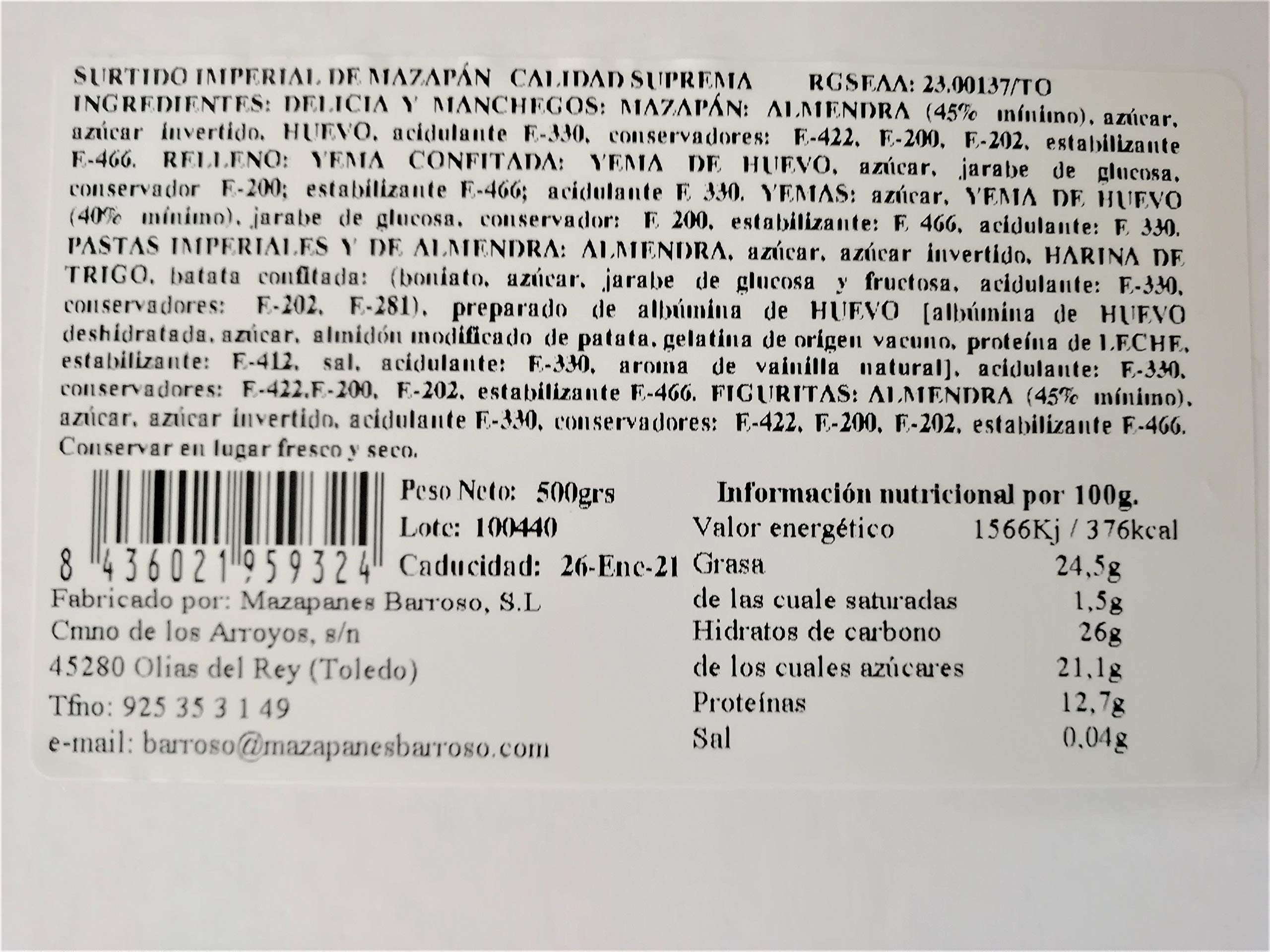 Mazapán Artesano Surtido de Toledo. Mazapanes Barroso. Caja Surtida de Mazapanes Artesanos Calidad Suprema. 25 Unidades. Peso Neto 500 gramos.
