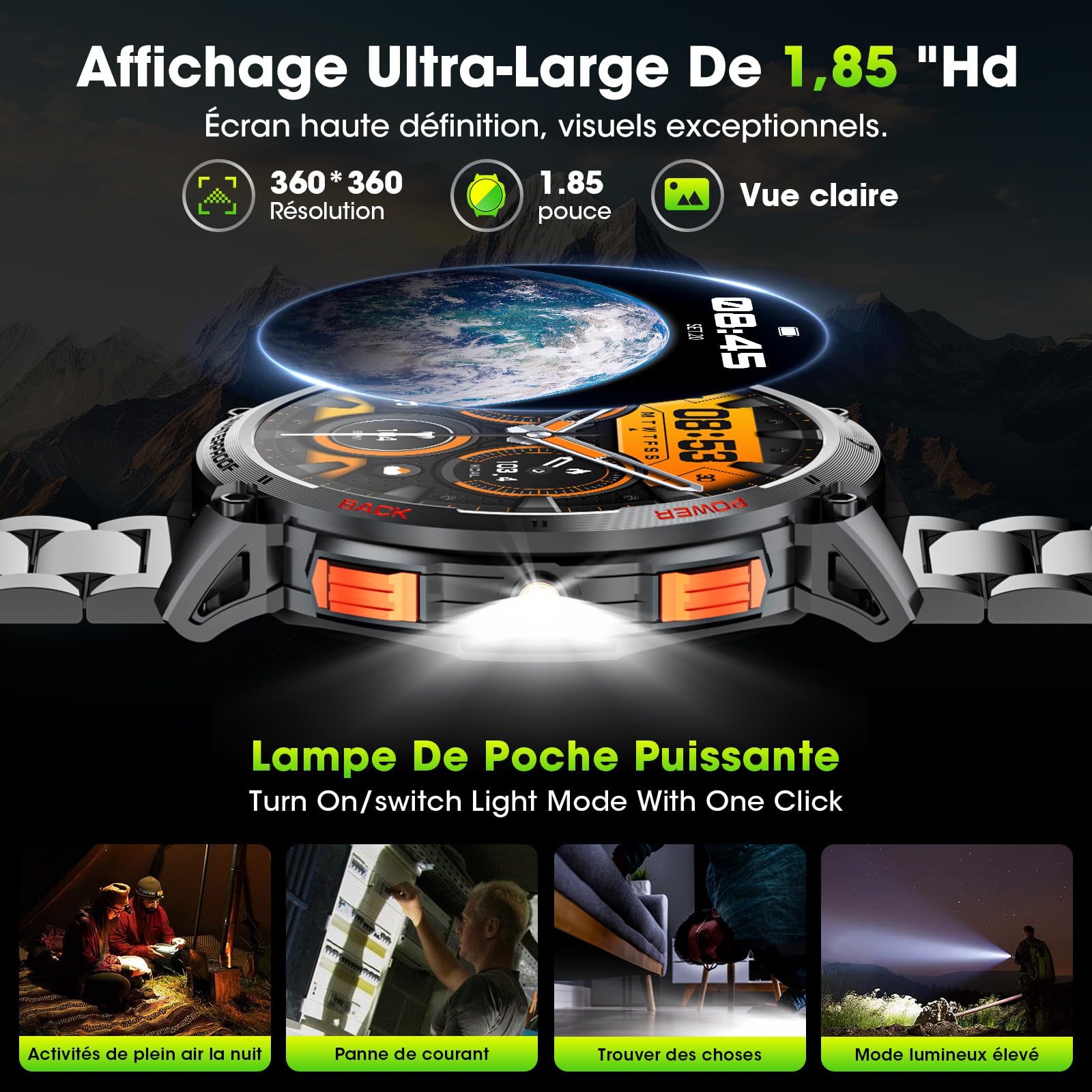 Smartwatch Uomo 1.85" HD Orologio con Effettua/Risposta Chiamate,730mAh IP68 Impermeabile Fitness Tracker con Torcia a LED,24/7 Frequenza Cardiaca SpO2 Monitor del sonno per iOS Android