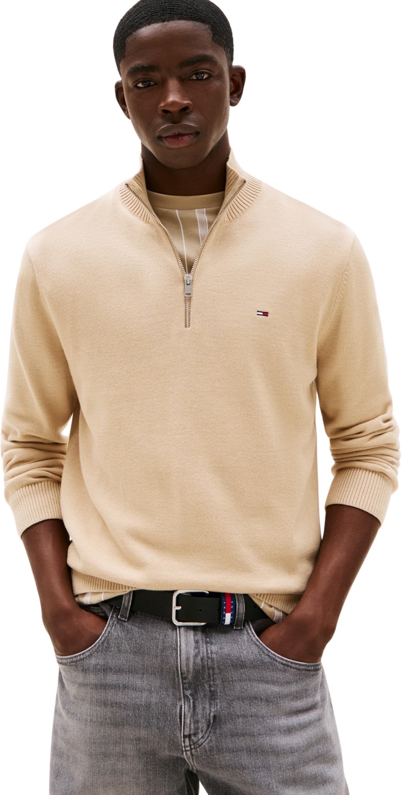 Tommy Jeans Mens TJM SLM Light ¼ SWTR Ext Dm0dm21654 Half Zip Sweater, Khaki (Silt), XL UK