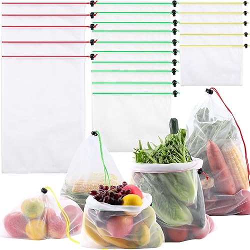 Paquete de 20 bolsas reutilizables para productos, bolsas de malla lavables, bolsas transparentes de verduras y frutas, bolsas de malla de