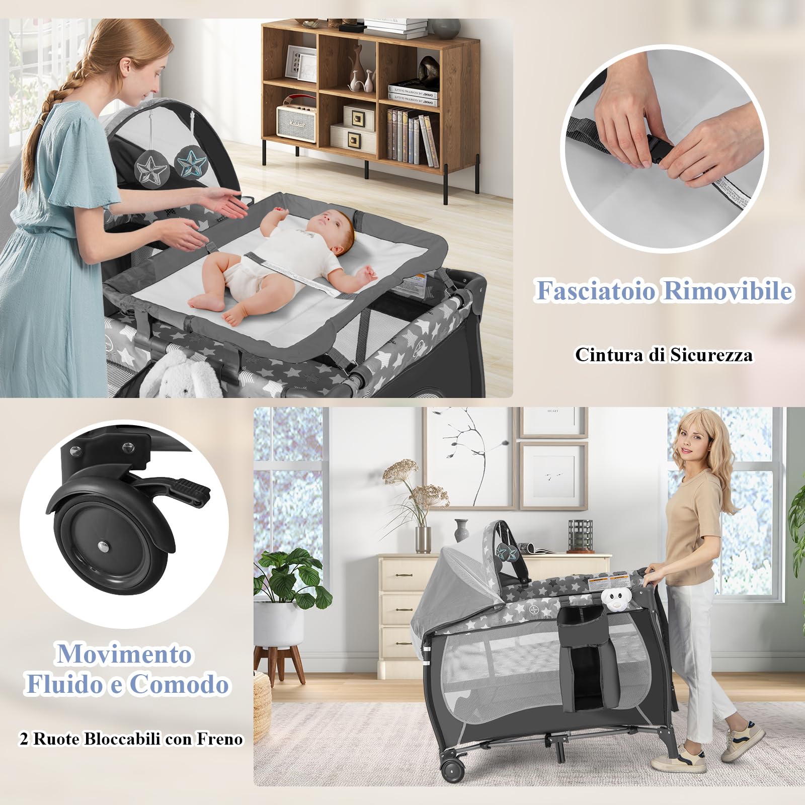 RELAX4LIFE 4 in 1 Lettino da Campeggio con Materasso per Bambini, Culla da Viaggio per Neonati con Fasciatoio, Baldacchino Retrattile con Zanzariera, Adatto a Bambini da 0 a 36 Mesi (Grigio)