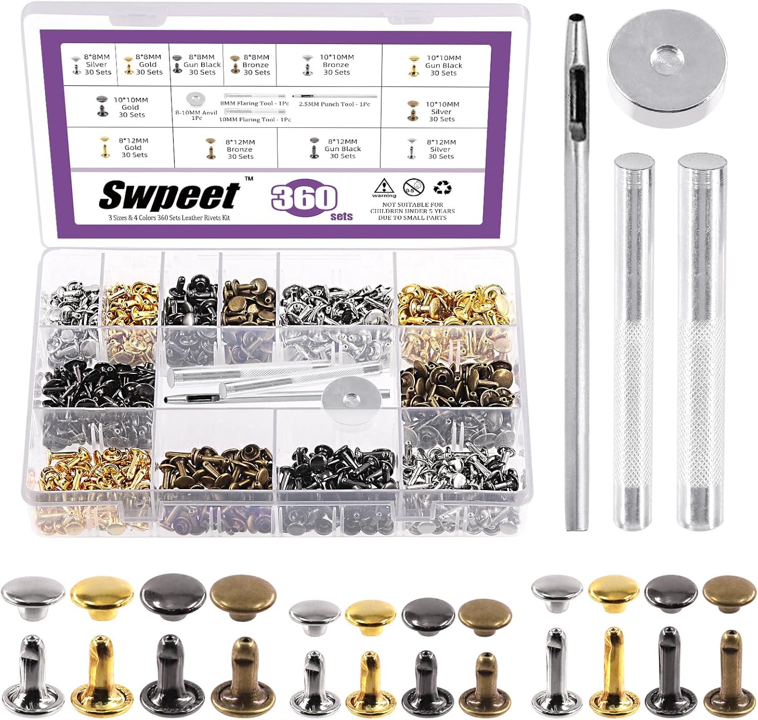Swpeet 360 Sets 4 Colors 8mm 10mm 12mm Leather Rivets