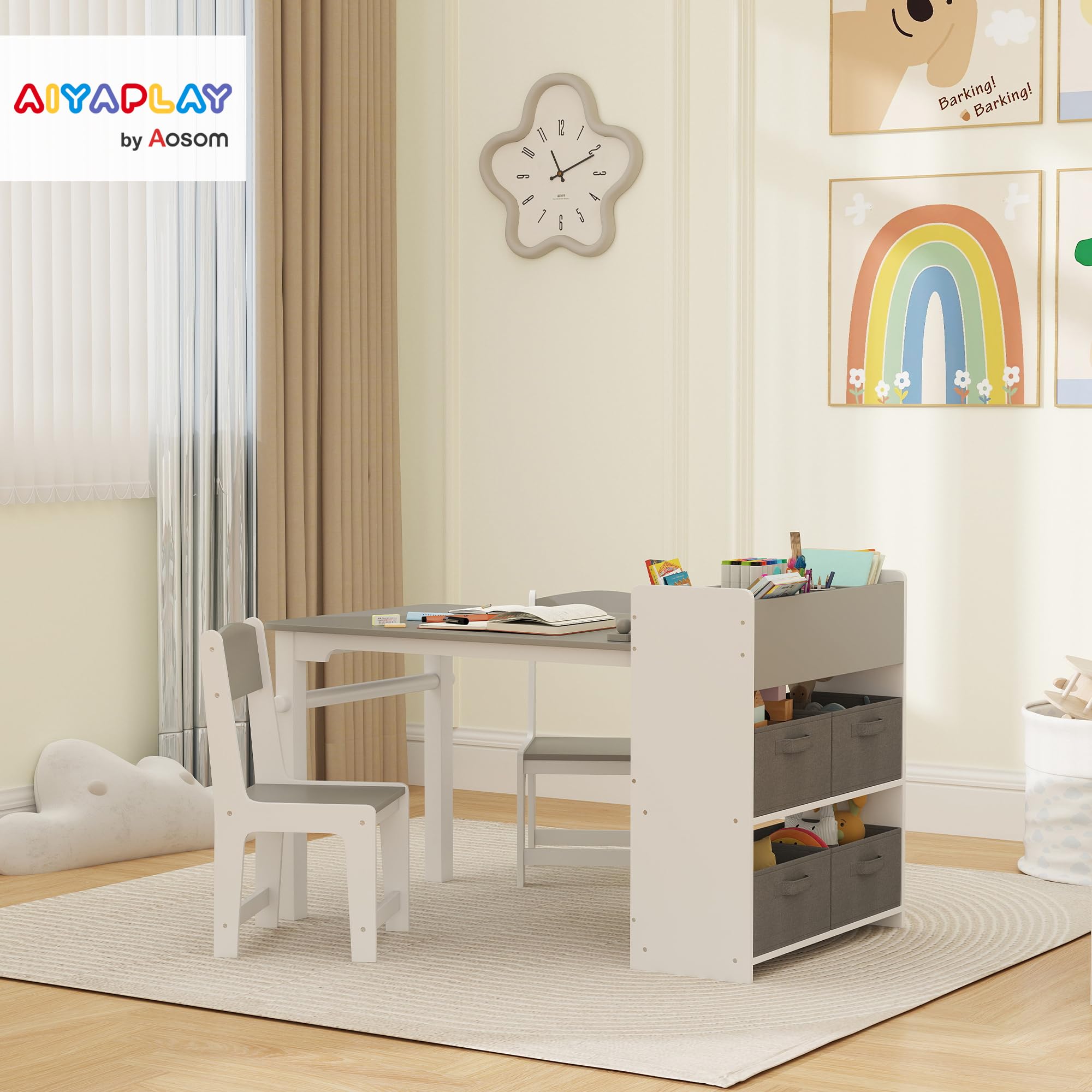 AIYAPLAY Set Tavolo e Sedie per Bambini 3-8 Anni con 2 Sedie e Tavolino con Spazio Contenitore, Mobili per Bambini in Legno di Pino e Tessuto non Tessuto, Bianco e Grigio