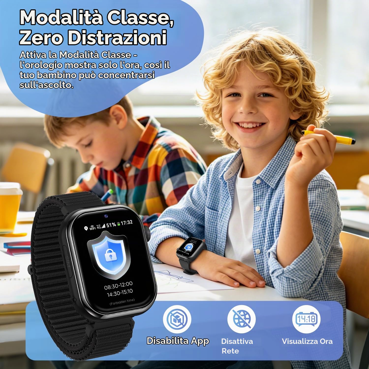 4G Smartwatch Bambini, IP68 Orologio Smartwatch Bambini con GPS, Chiamate, Videochiamate, Chat Vocale, Doppia Fotocamera, SOS, Modalità Scuola, Torcia, Sveglia, Smart Watch per Ragazzi e Ragazze Nero