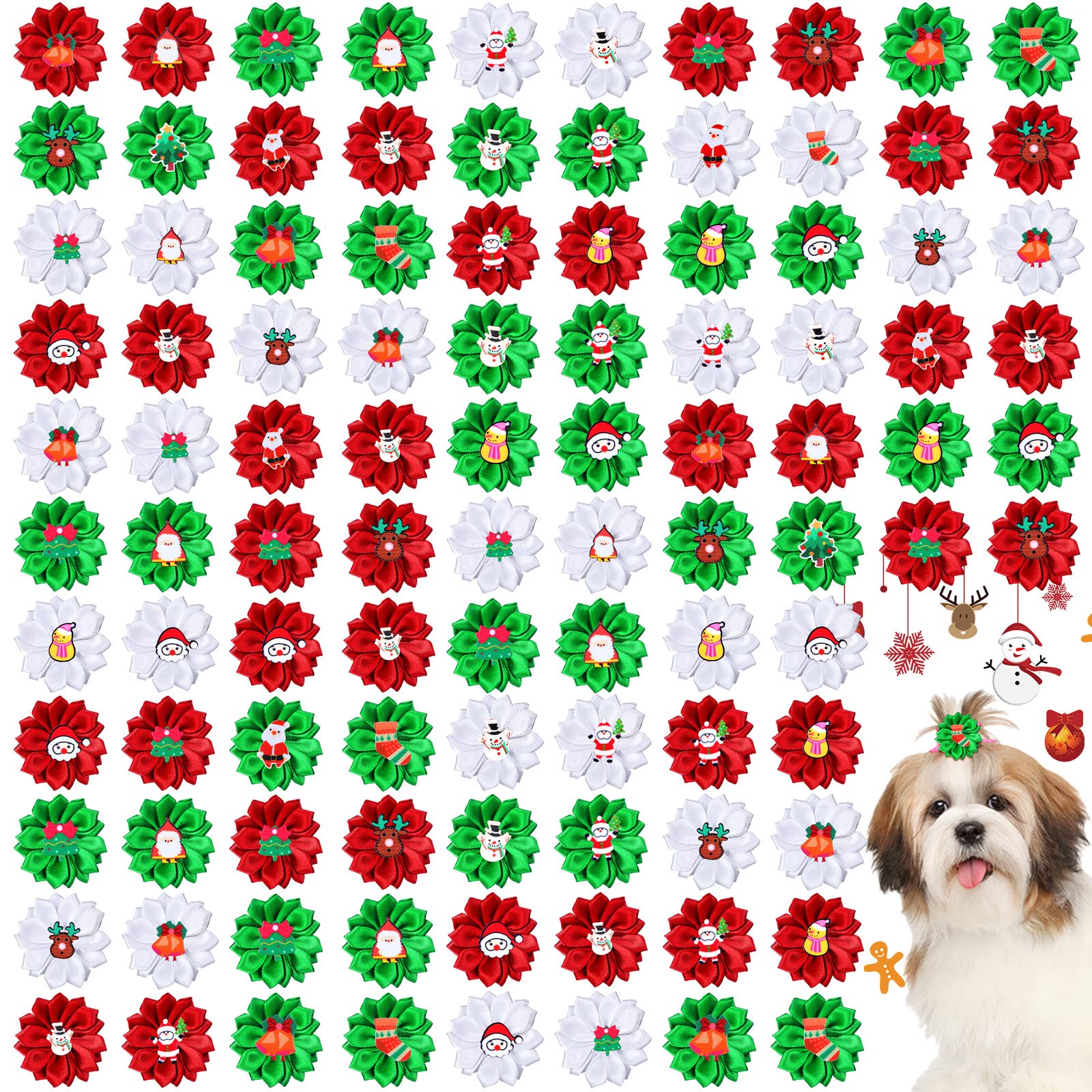 Sadnyy 100 Pcs Christmas Dog Bows Bulk Christmas Dog Hair Bows with Rubber Bands Pet Dog Grooming Bows for for Xmas Dog Hair Accessories(Snowman Style)