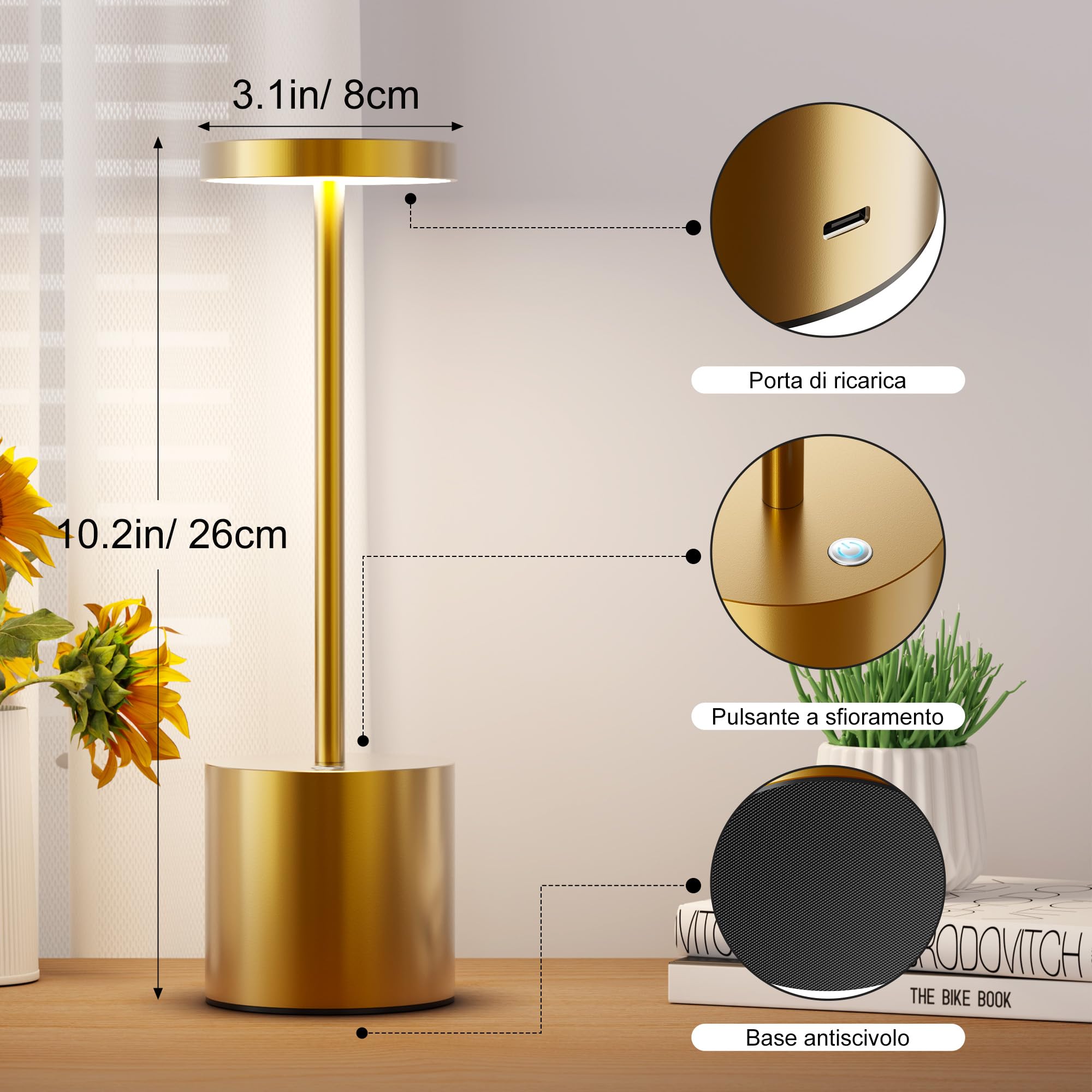 Lámpara de mesa inalámbrica LED recargable regulable 5000 mAh 3 modos de luz USB-C lámpara de mesa uso interior/exterior (2 oros)