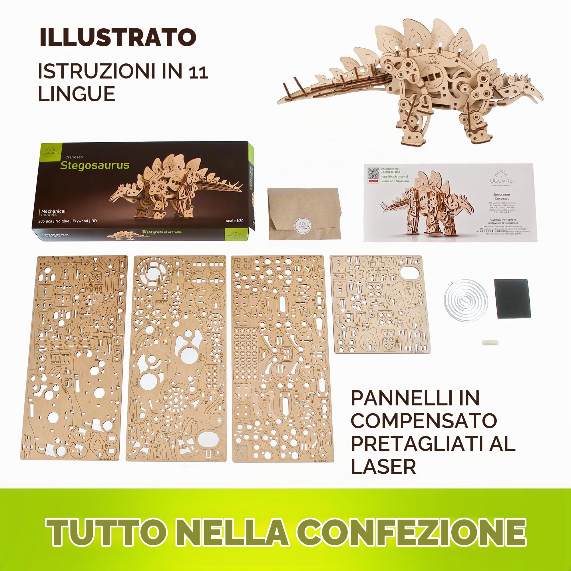 UGEARS Puzzle Legno 3D Dinosauri da Costruire - Stegosauro Meccanico Realistico - Ideale per Appassionati di Modellismo e Puzzle 3D Legno - 305 Pezzi - Età 14+