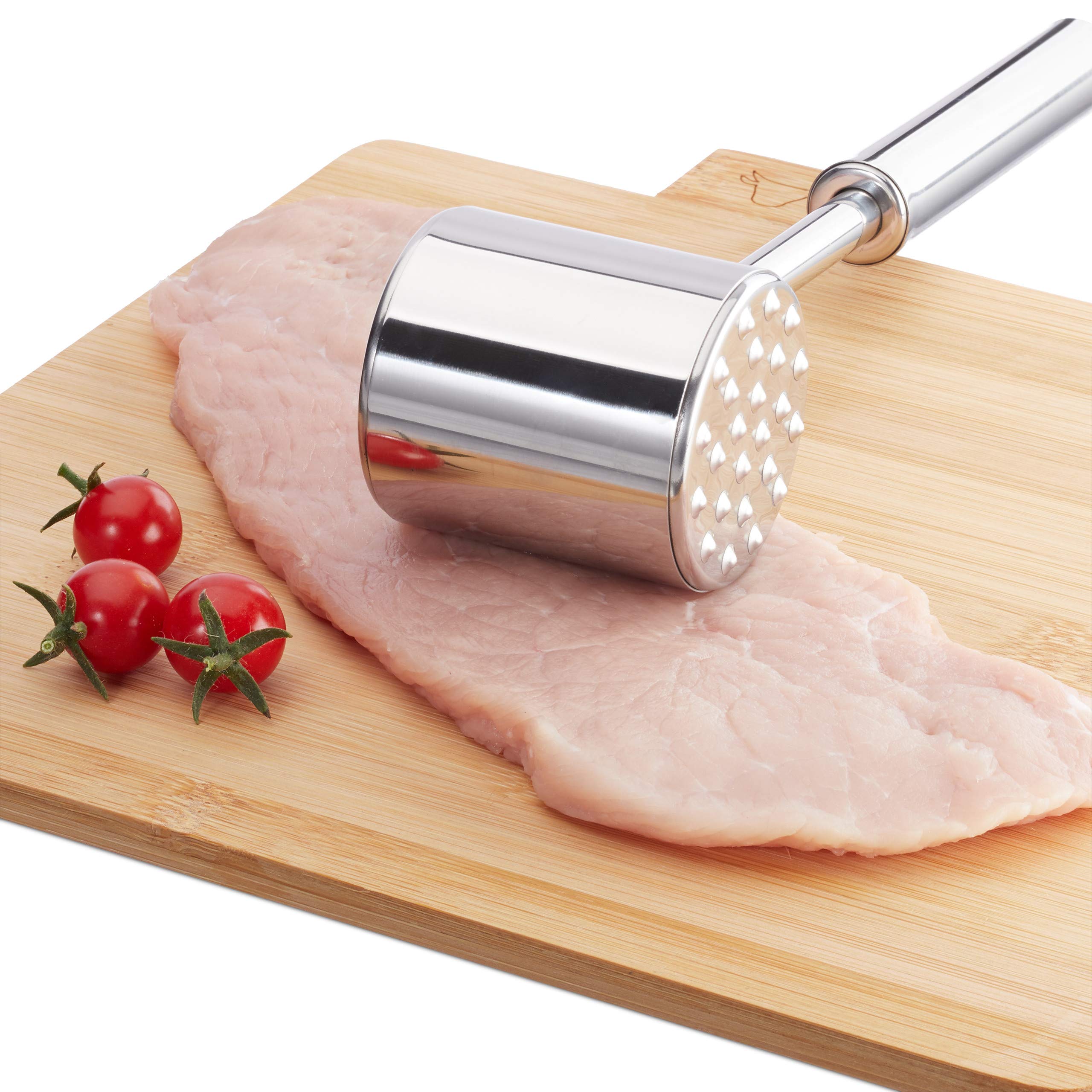 Relaxdays Profi Fleischklopfer, doppelseitig, Fleischhammer für Schnitzel, Steak, 28cm lang, rostfrei, Edelstahl, Silber
