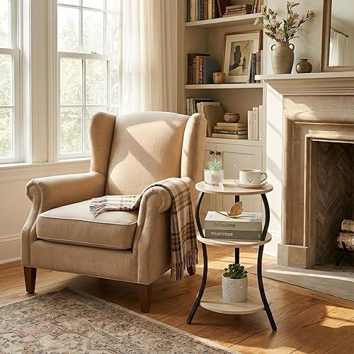 Miniatura 2 de Mesa auxiliar redonda pequeña vintage, mesa auxiliar circular de 3 niveles con estante de almacenamiento, mesa auxiliar compacta para sofá de té,