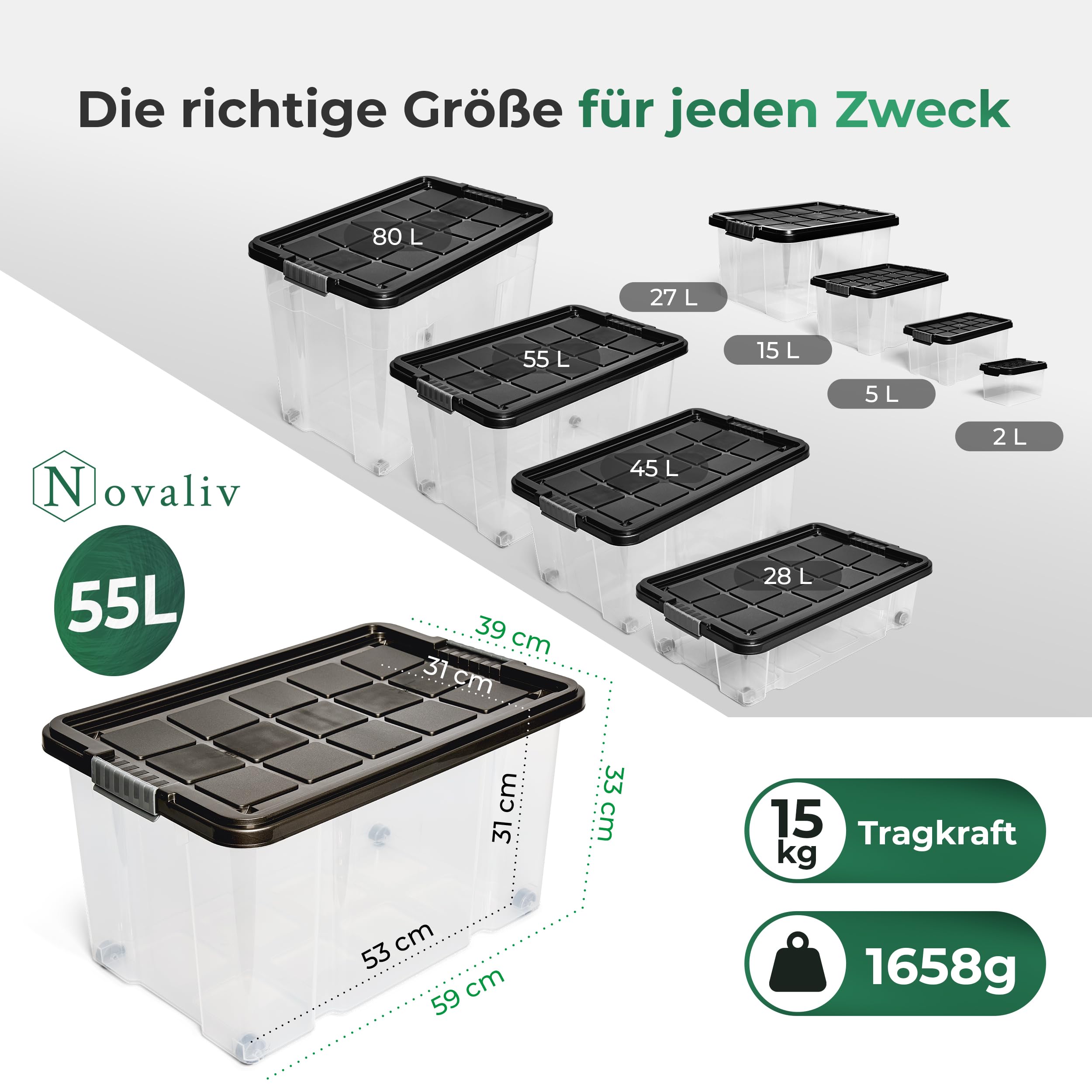 Novaliv 6x Aufbewahrungsboxen mit Deckel Groß 55L Anthrazit Nestbar stapelbar mit Clipverschluss Rollboxen Kunststoff BPA-frei 61x40x32,5 cm