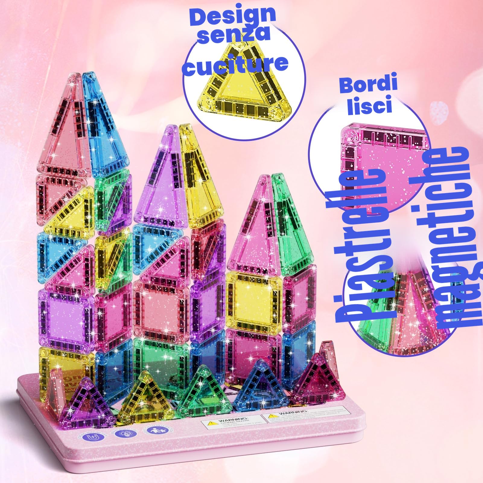 Set di 42 piastrelle magnetiche da viaggio con glitter da viaggio, per bambini, menta, piastrelle magnetiche con base in ferro, mattoncini da costruzione magnetici, giocattolo da viaggio, regalo per 3