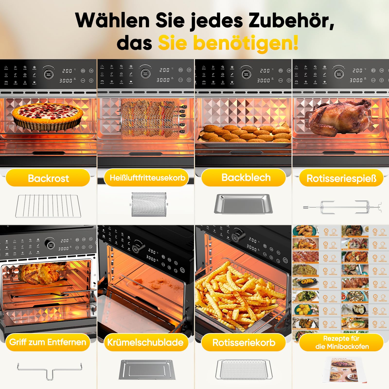 30L Friteuse Air Fryer XXL Mini Four Électrique Écran Tactile LED, Air Fryer Grande Capacité avec 20 Programmes et Deux Modes de Cuisson, 1800W Airfryer Chaud Oven Sans Huile, 8h Timer, 7 Annexes